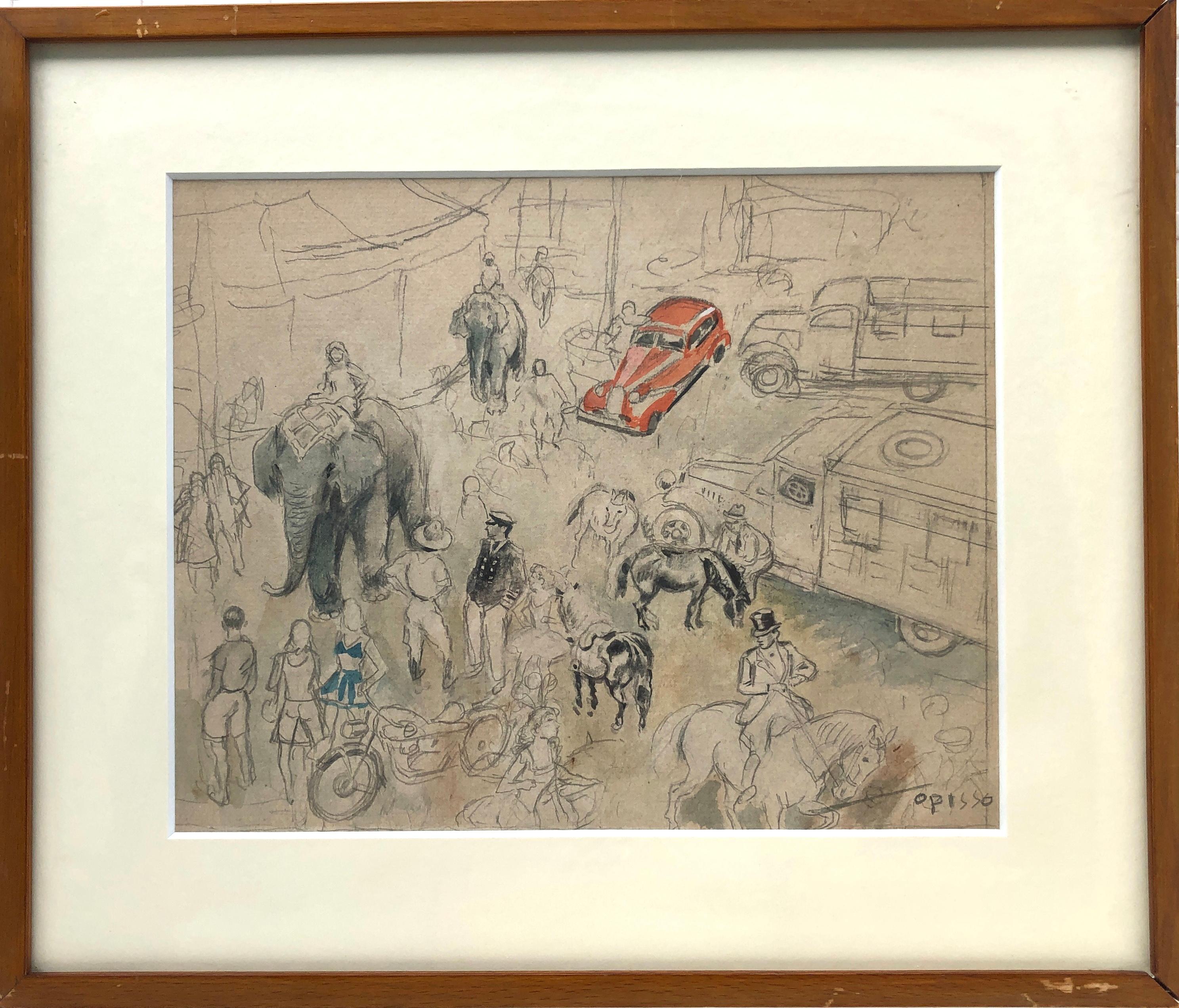 Crowd in Barcelona spanische Moderne Aquarellzeichnung Spanien – Art von Ricard Opisso Sala