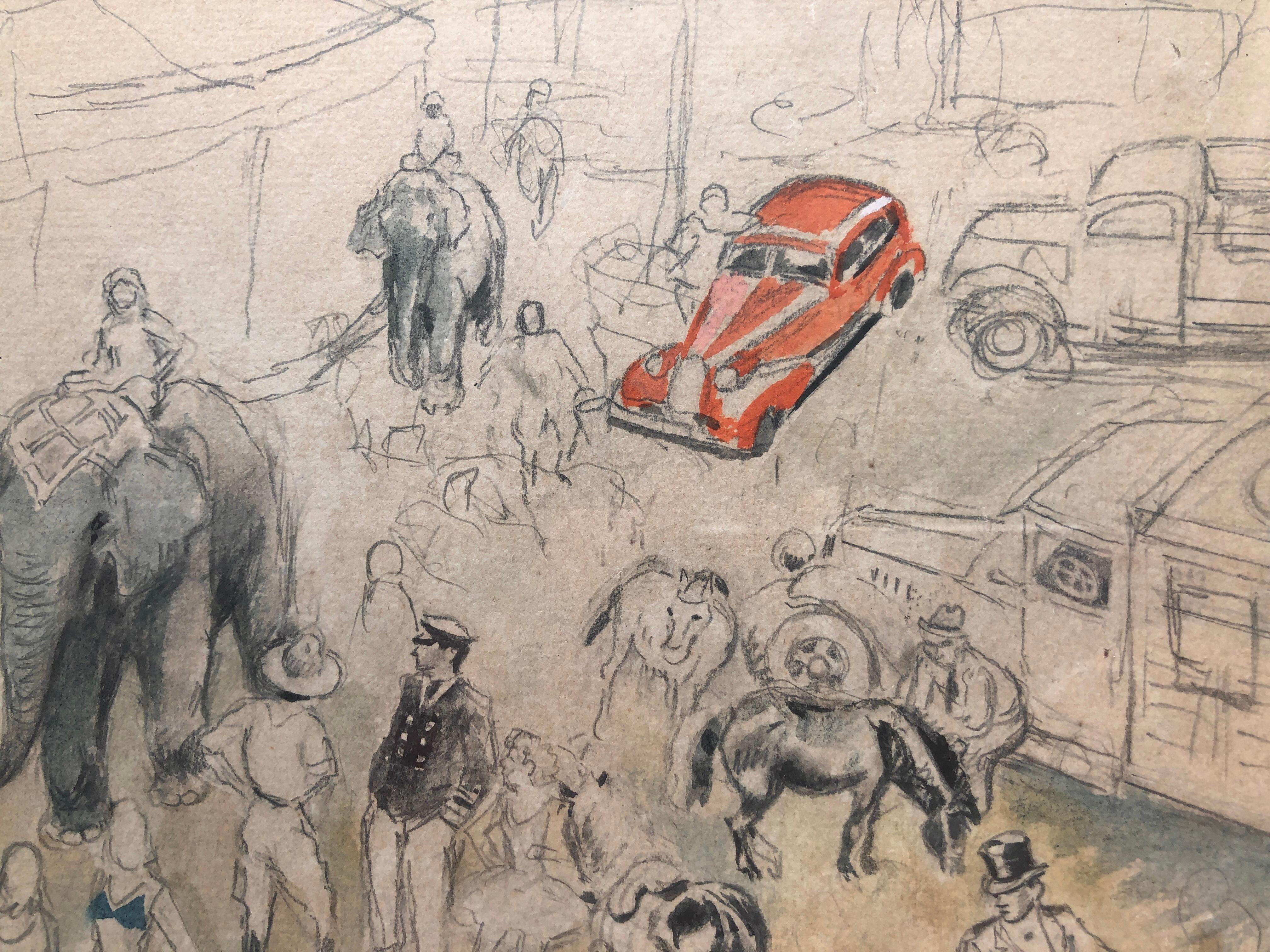 Crowd in Barcelona spanische Moderne Aquarellzeichnung Spanien im Angebot 1