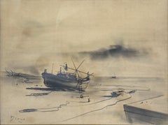 Atmospheric Mediterranean Boat Drawing Coastal Seascape on Paper Sitges Spain