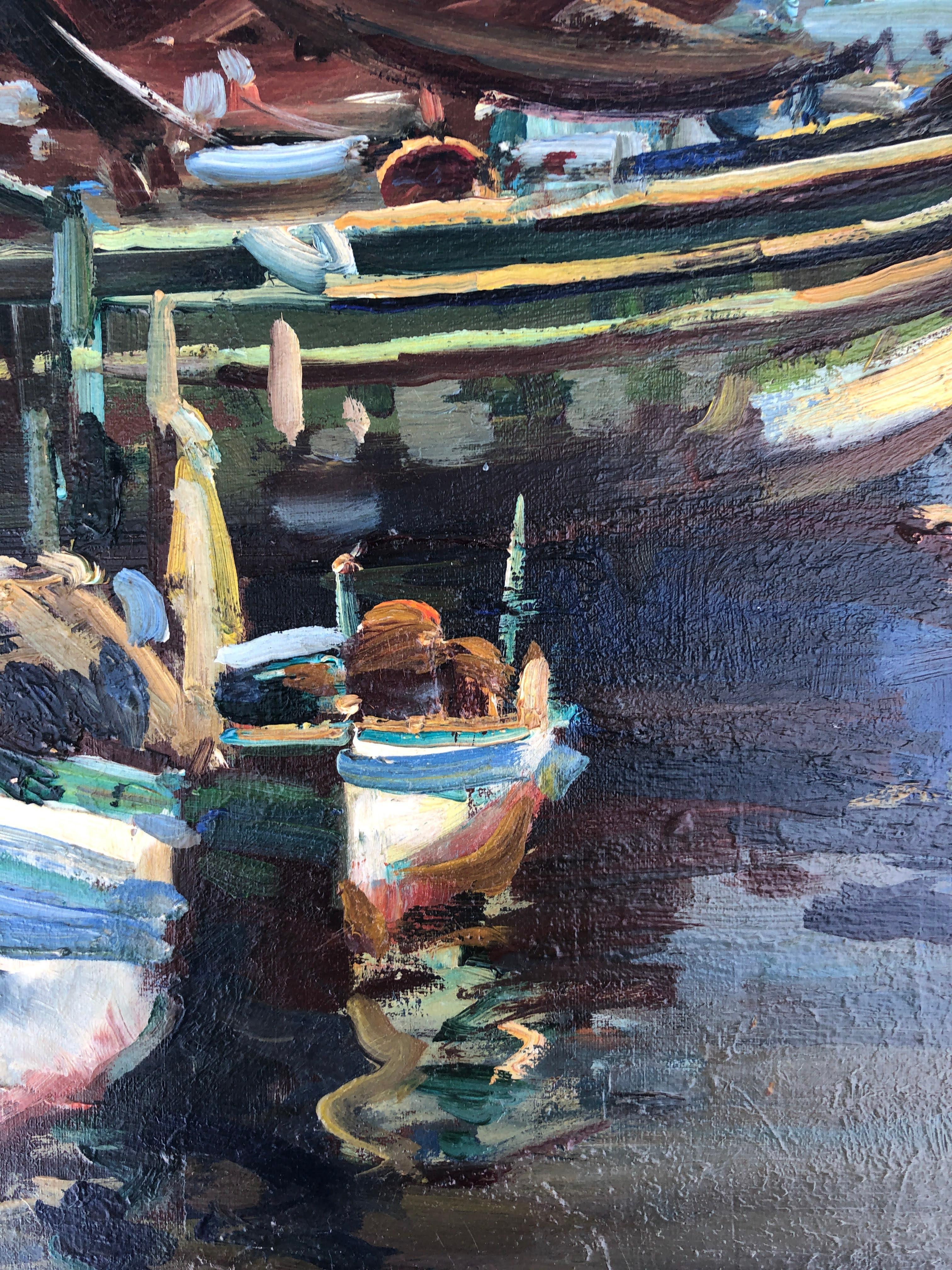 Peinture originale à l'huile sur toile, paysage marin d'un port de pêche espagnol - Noir Landscape Painting par Josep Serrasanta
