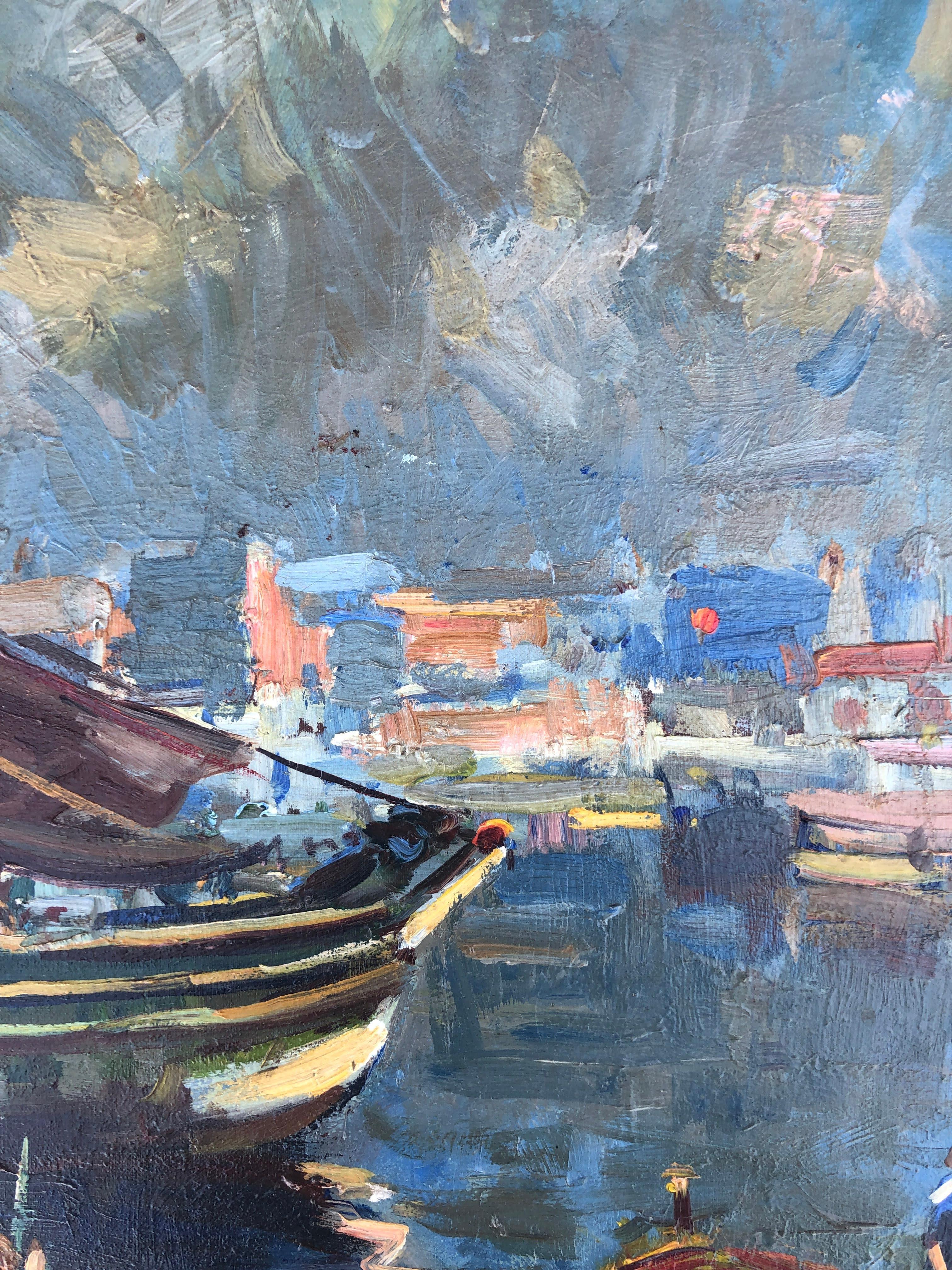 Spanish fishing port seascape original oil on canvas painting - Post-Impressionist Painting by Josep Serrasanta