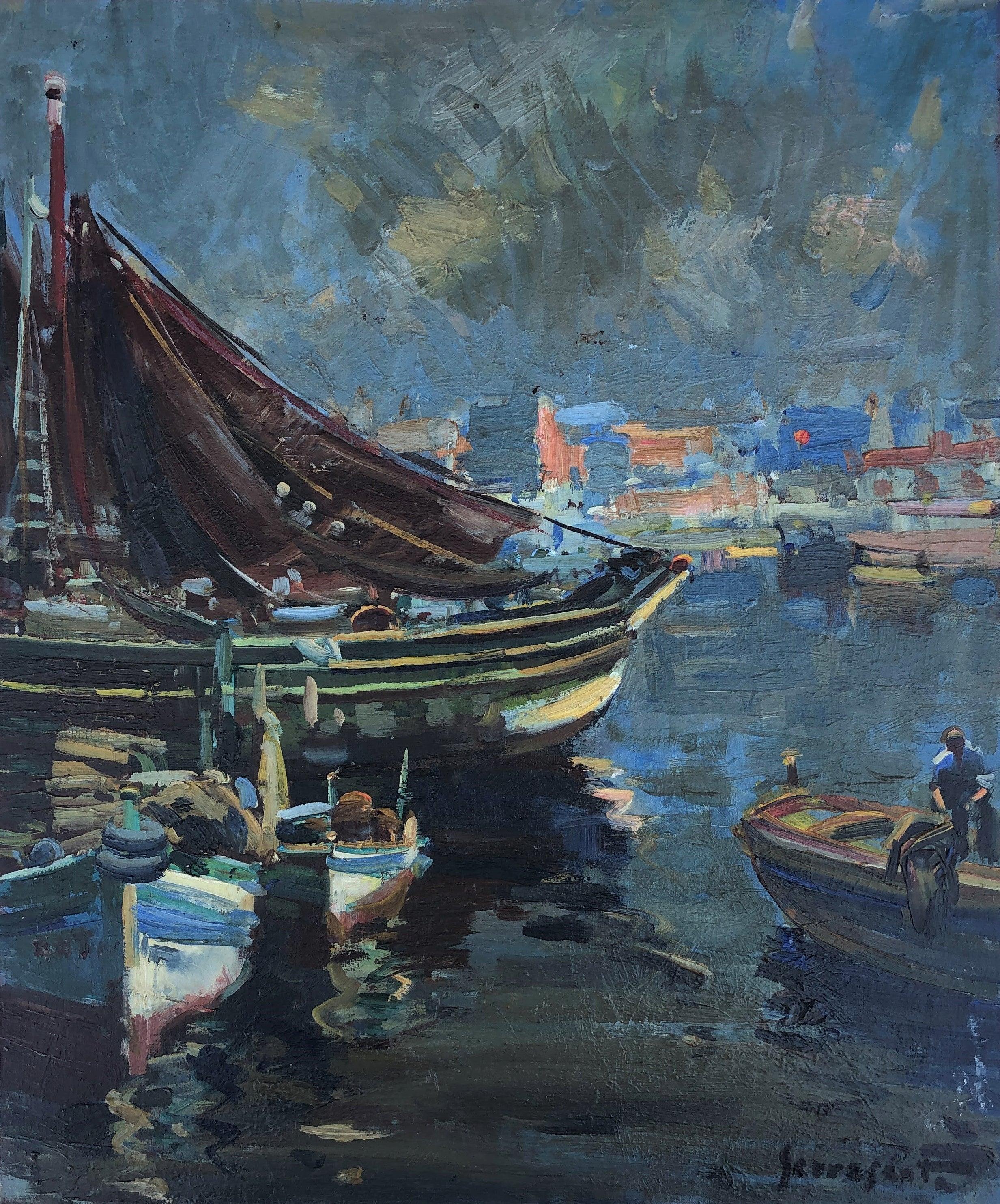 Landscape Painting Josep Serrasanta - Peinture originale à l'huile sur toile, paysage marin d'un port de pêche espagnol