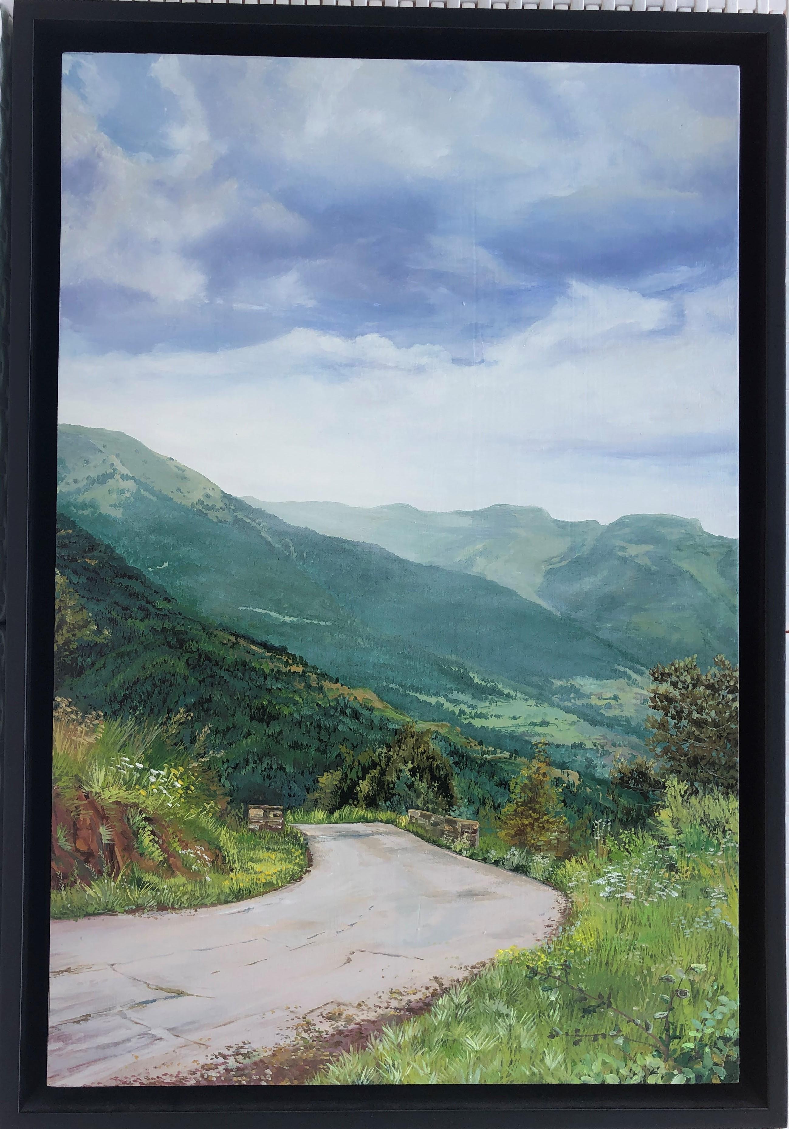 Mountain road Valle de Aran oil on board landscape - Painting by Alberto Biesok