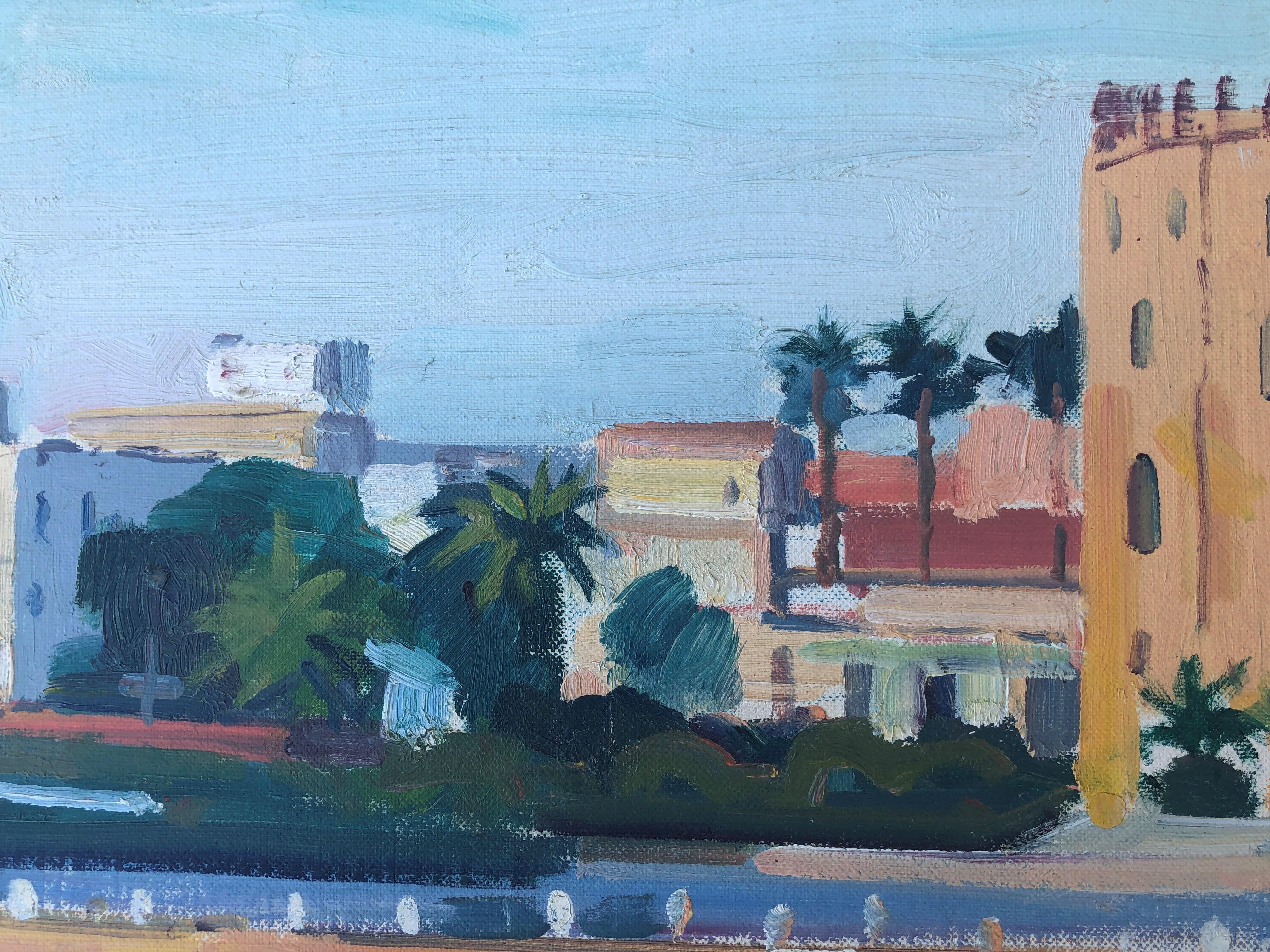 Guadalquivir river Seville seascape original oil painting - Blue Landscape Painting by Rafael Duran Benet