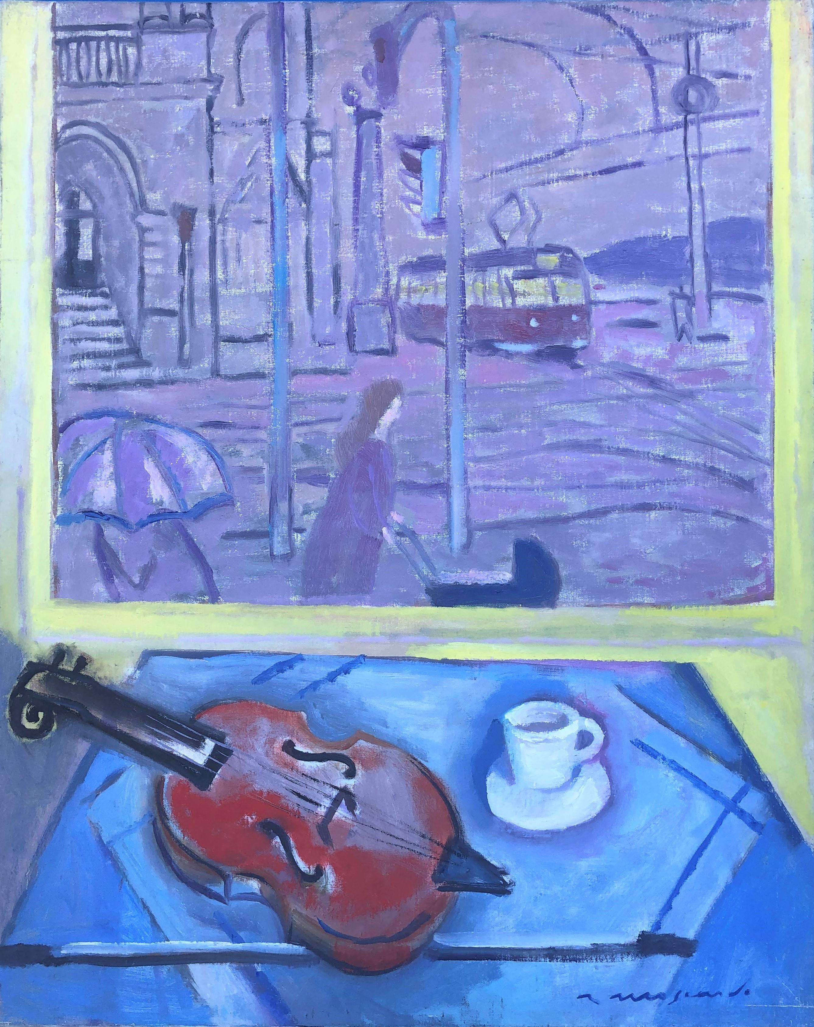 View of Prague and still life with violin oil on canvas painting