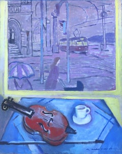 View of Prague and still life with violin oil on canvas painting