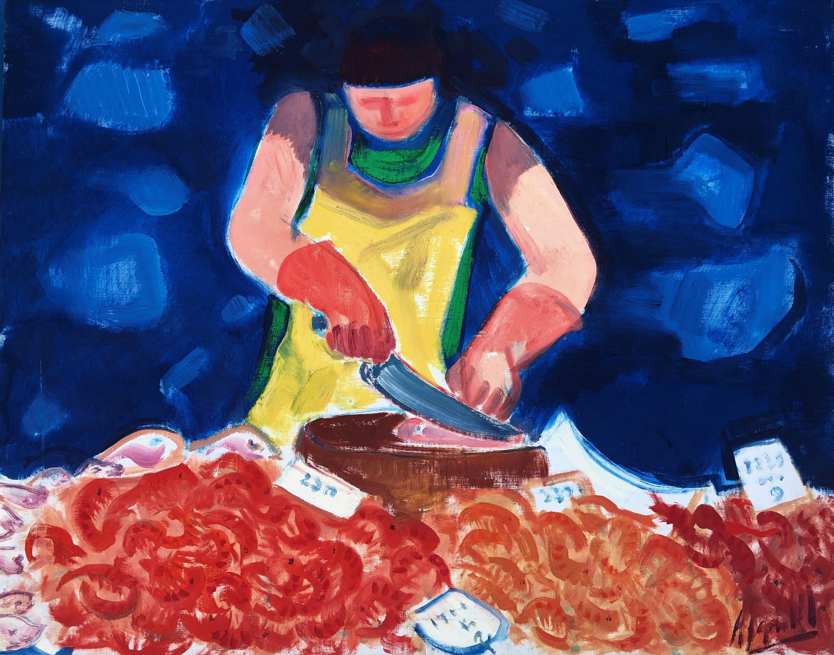 Manuel Capdevila Massana Portrait Painting - The fishmonger La Rambla Barcelona oil on canvas painting