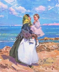 Maternity in Ibiza beach original oil on canvas painting
