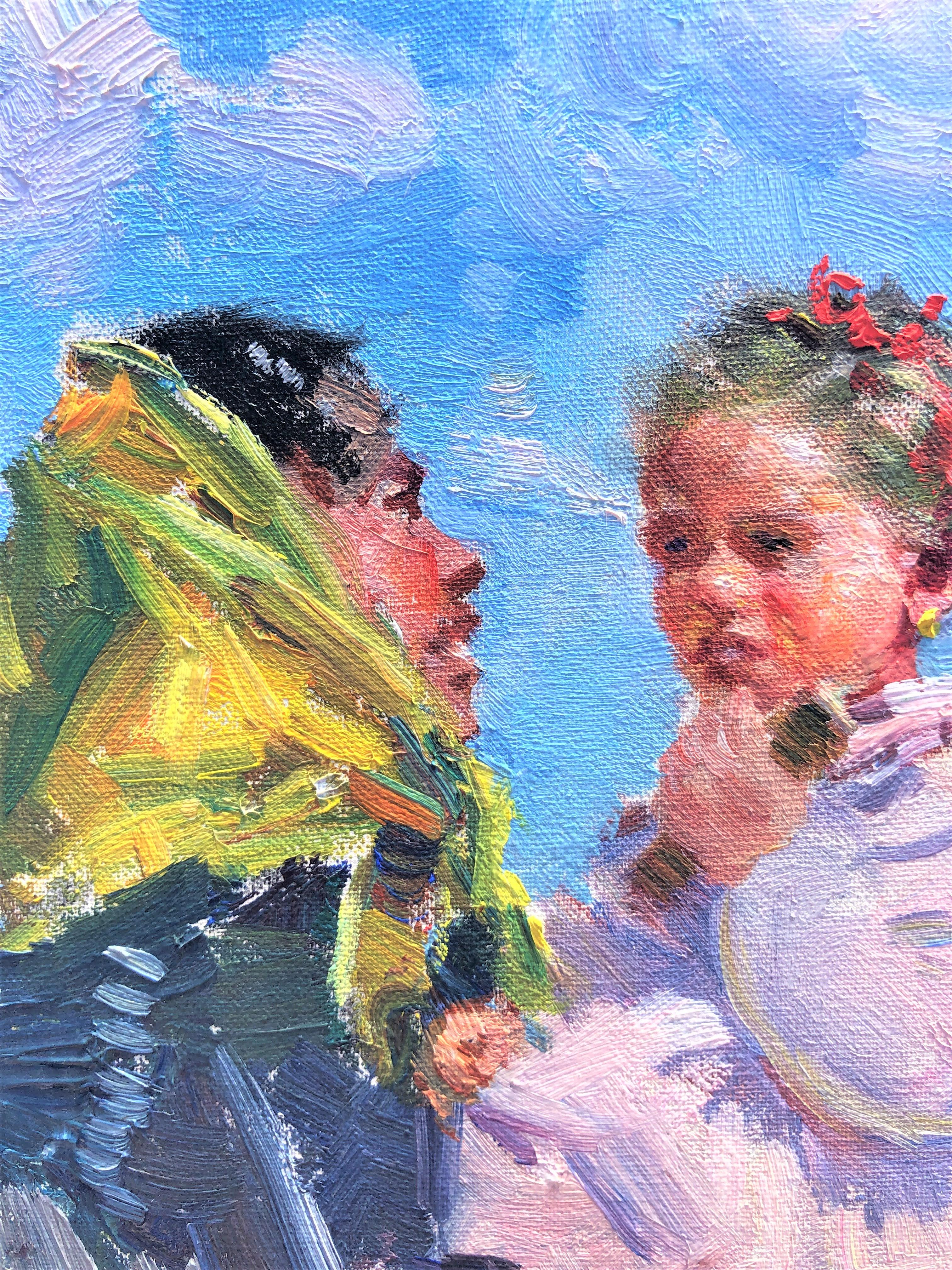 Maternity im Strand von Ibiza, Original-Gemälde in Öl auf Leinwand (Grau), Portrait Painting, von Ignacio Gil Sala