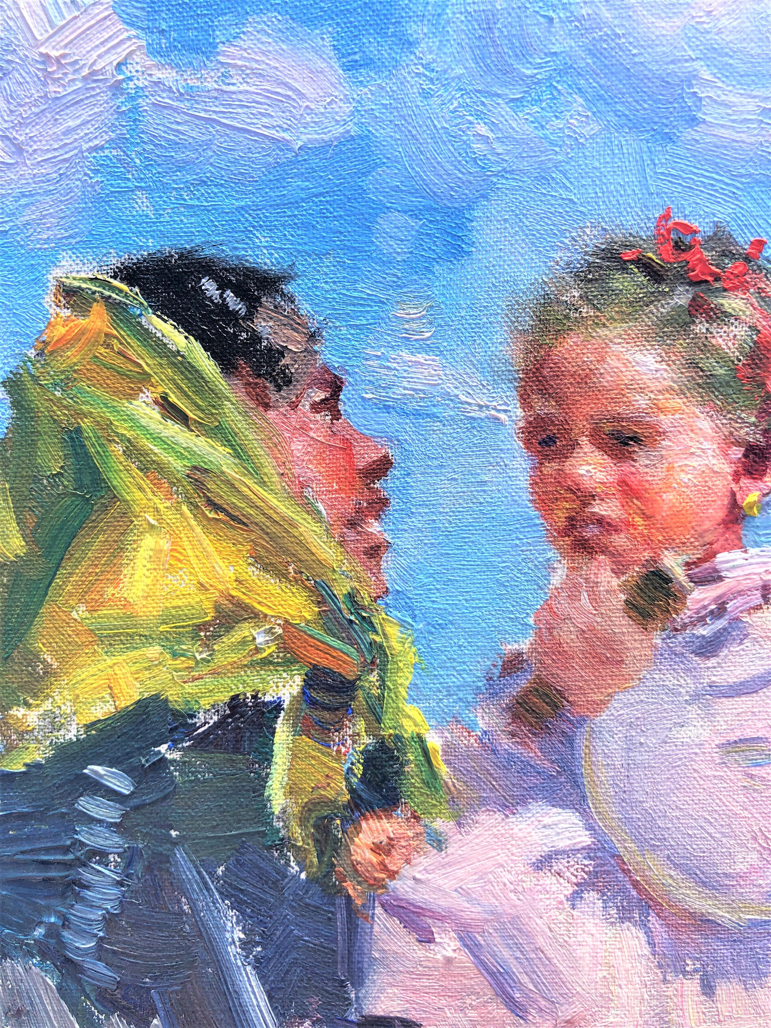 Maternità in spiaggia a Ibiza, dipinto originale olio su tela - Portrait Painting Grigio di Ignacio Gil Sala