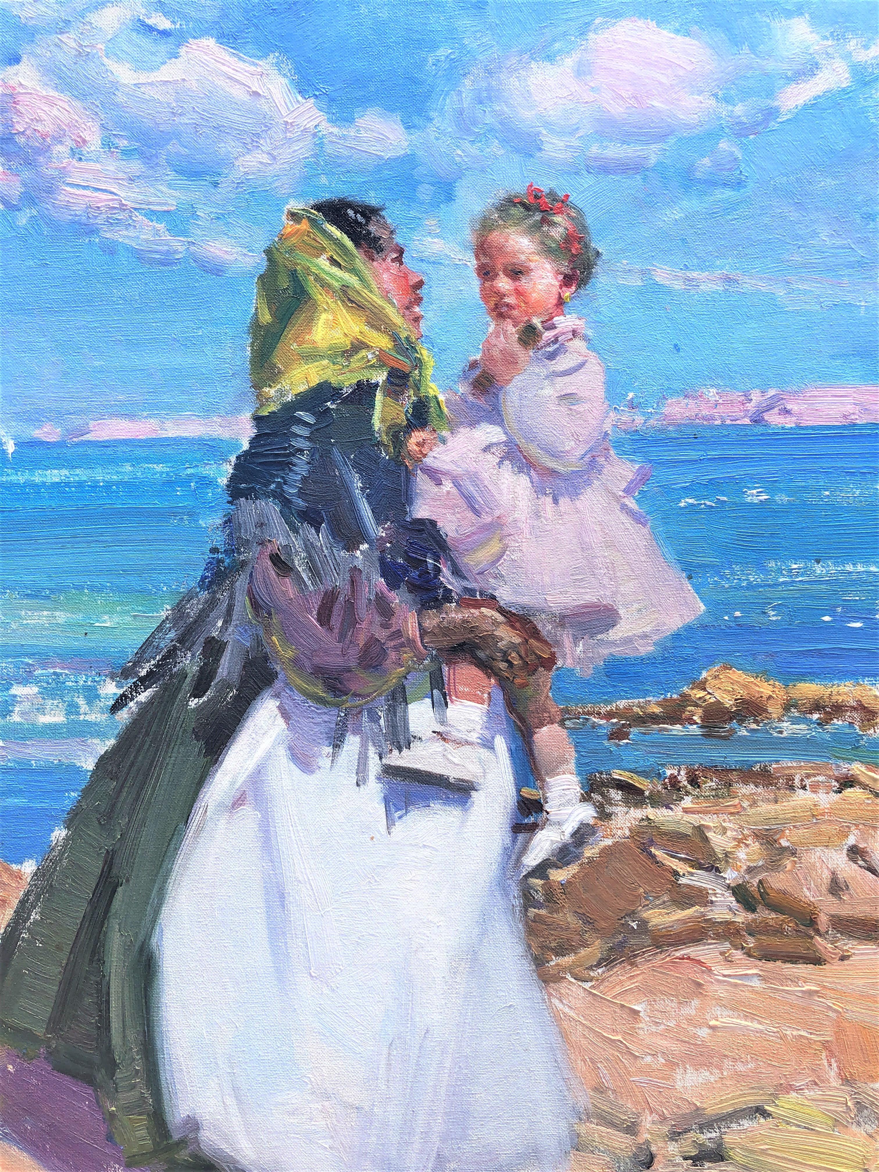 Maternity in Ibiza beach original oil on canvas painting - Gray Portrait Painting by Ignacio Gil Sala