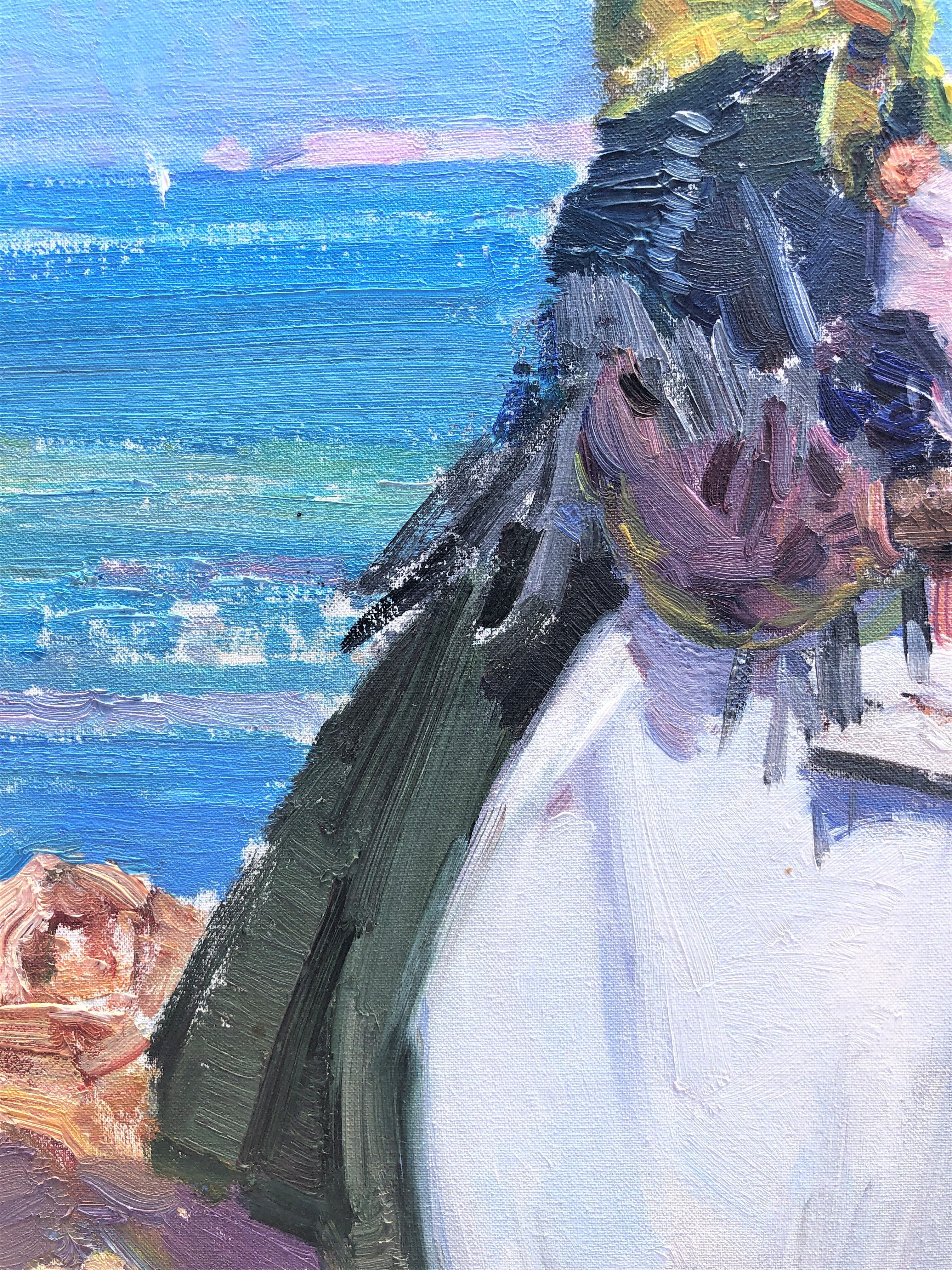 Maternity in Ibiza beach original oil on canvas painting - Post-Impressionist Painting by Ignacio Gil Sala