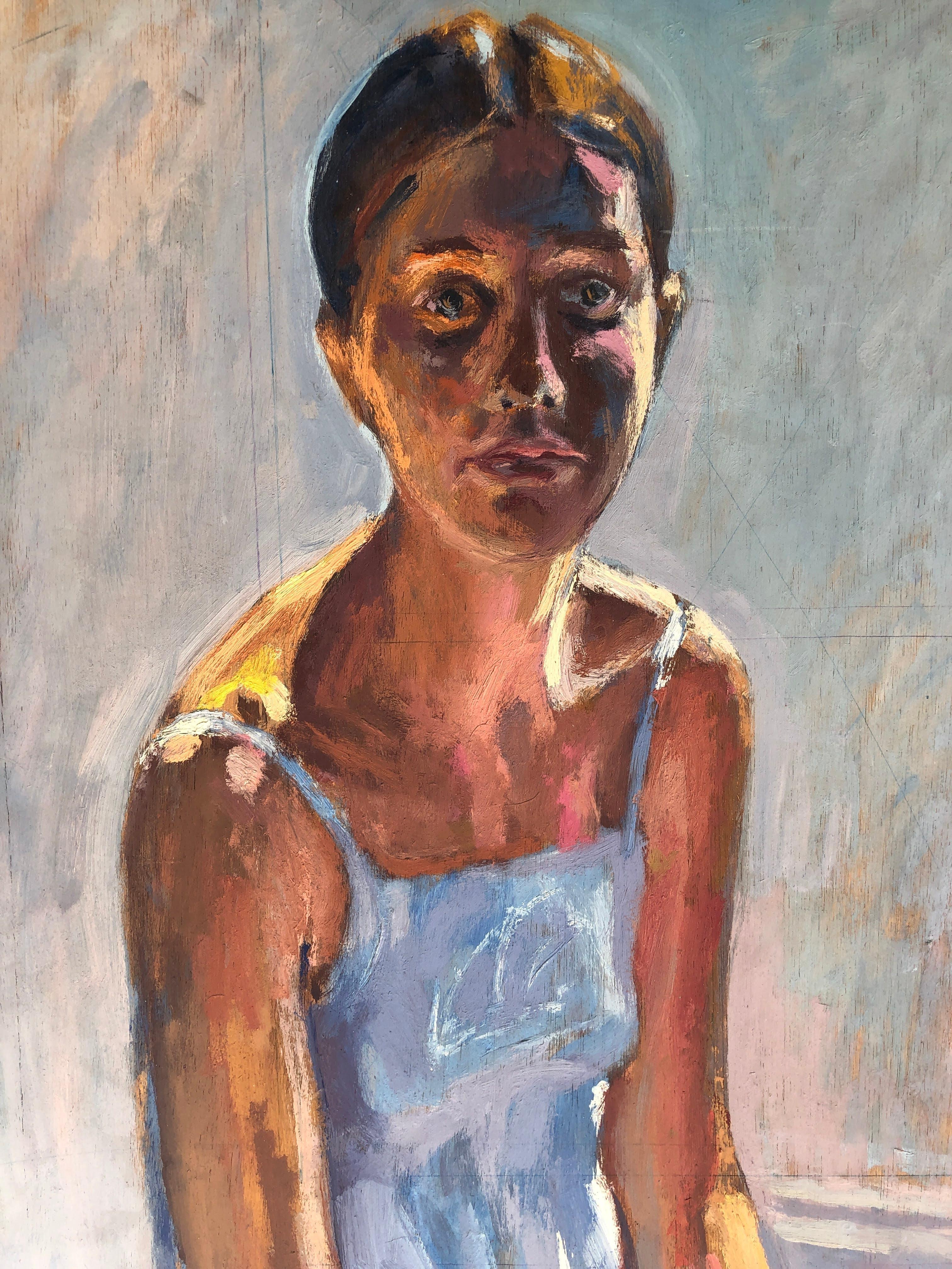 Young woman in blue dress original oil on board painting - Gray Portrait Painting by Ramon Moscardo