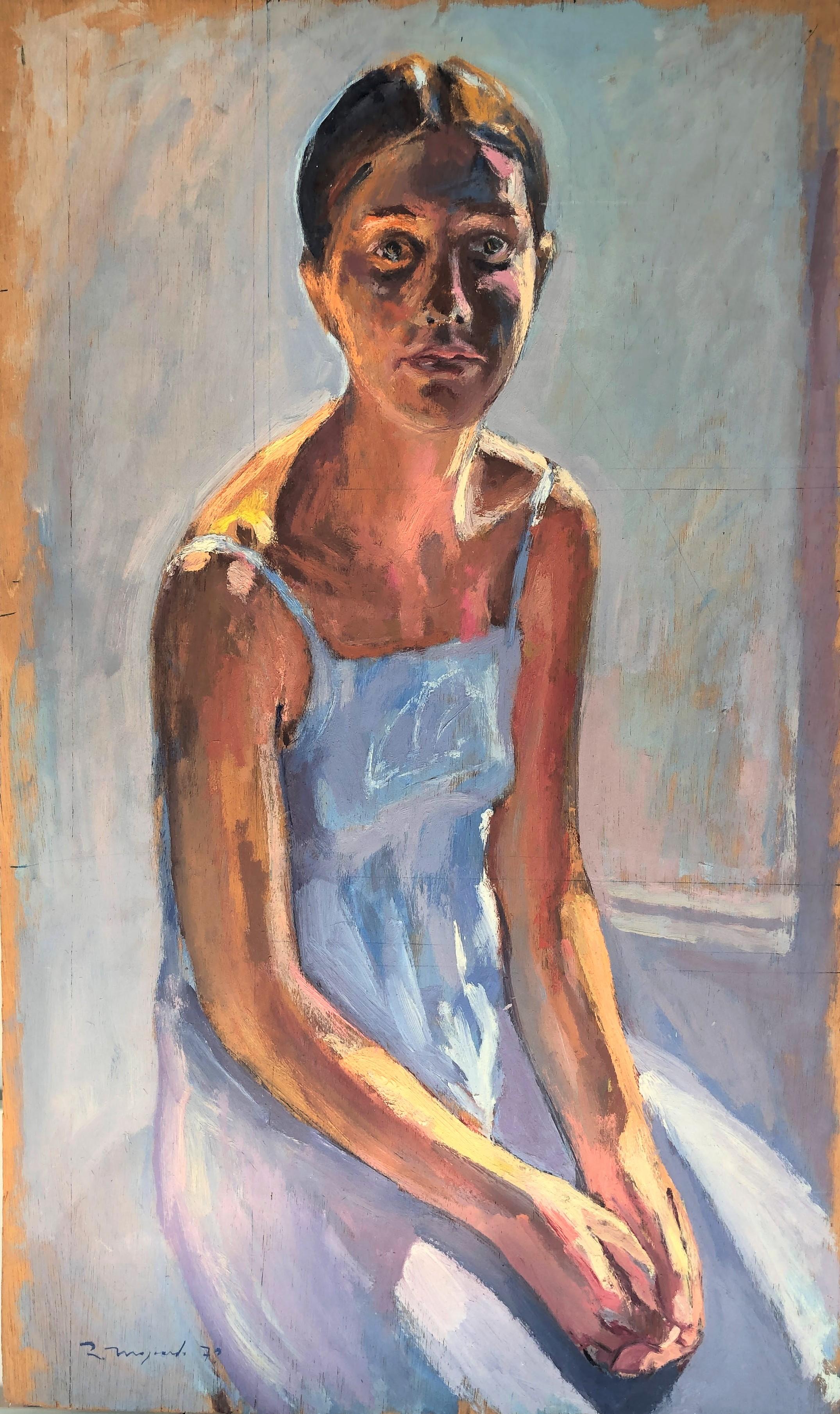 Ramon Moscardo Portrait Painting - Young woman in blue dress original oil on board painting