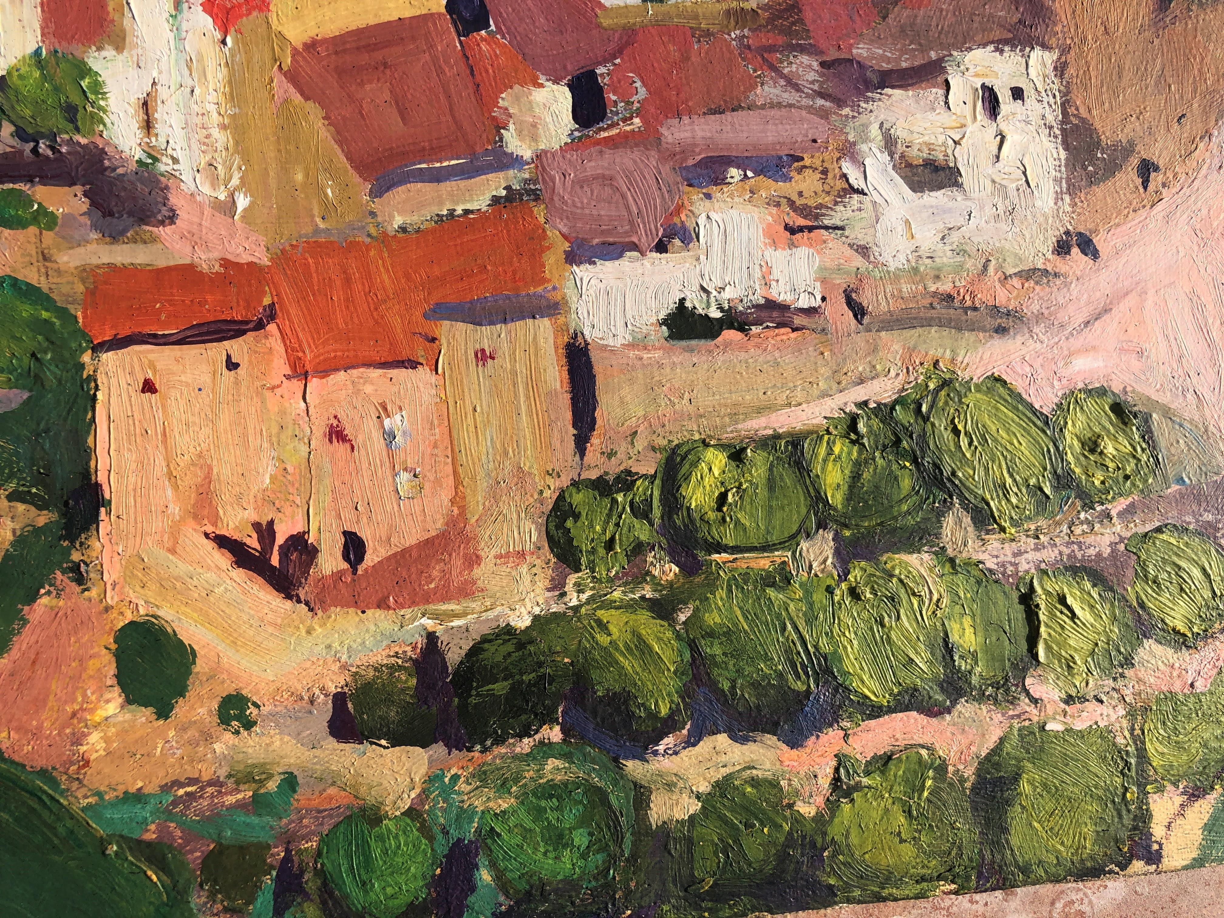 Peinture à l'huile sur toile d'un paysage de ville espagnole en vente 1