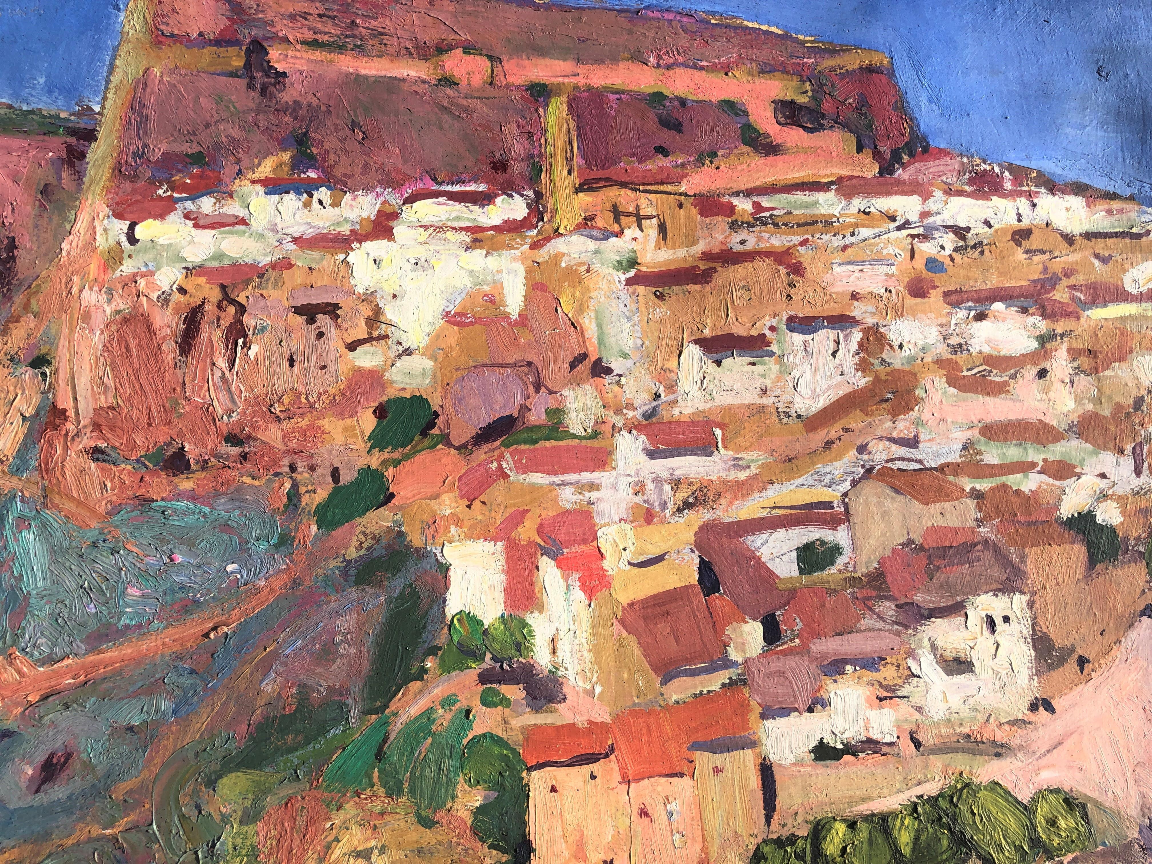 Spanish town view landscape oil on canvas - Brown Landscape Painting by Josep Moscardo