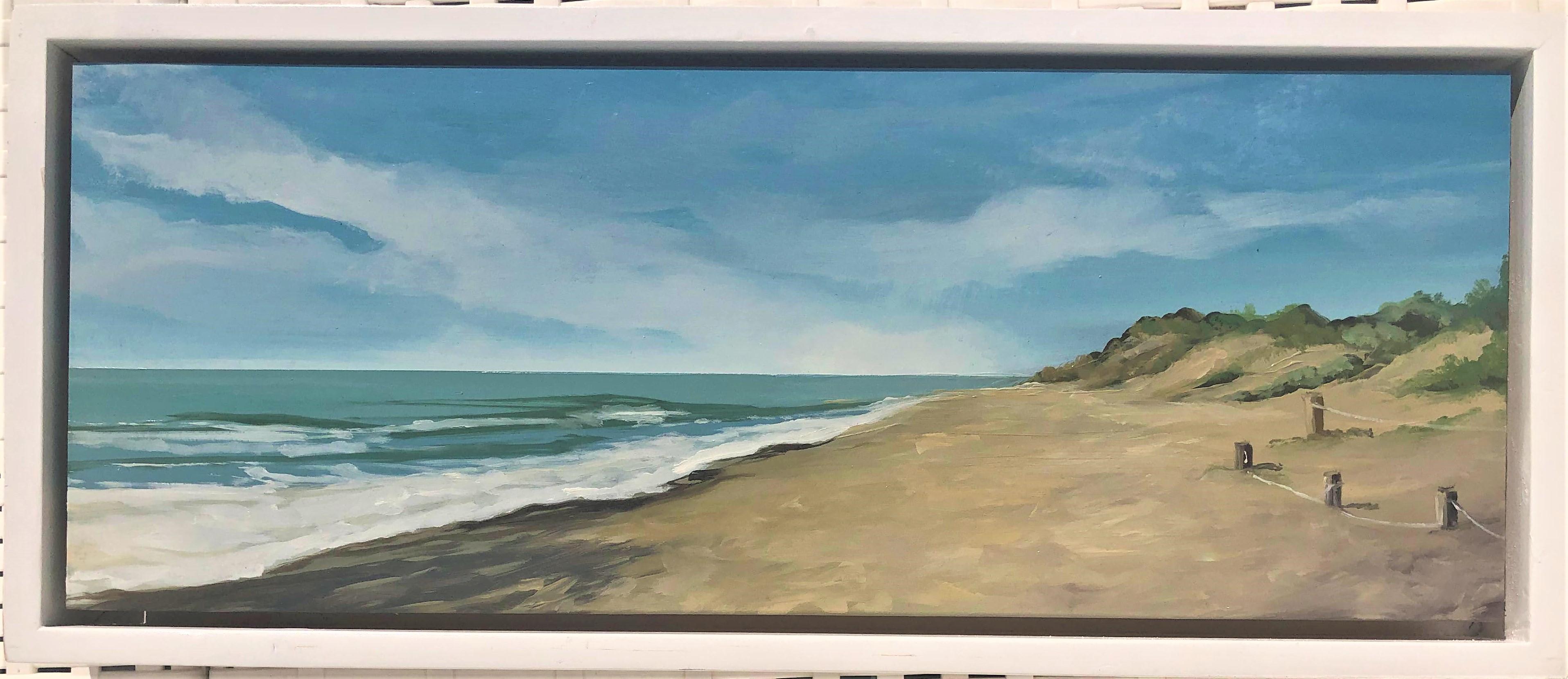 Beach with dunes oil paint on board seascape - Painting by Alberto Biesok