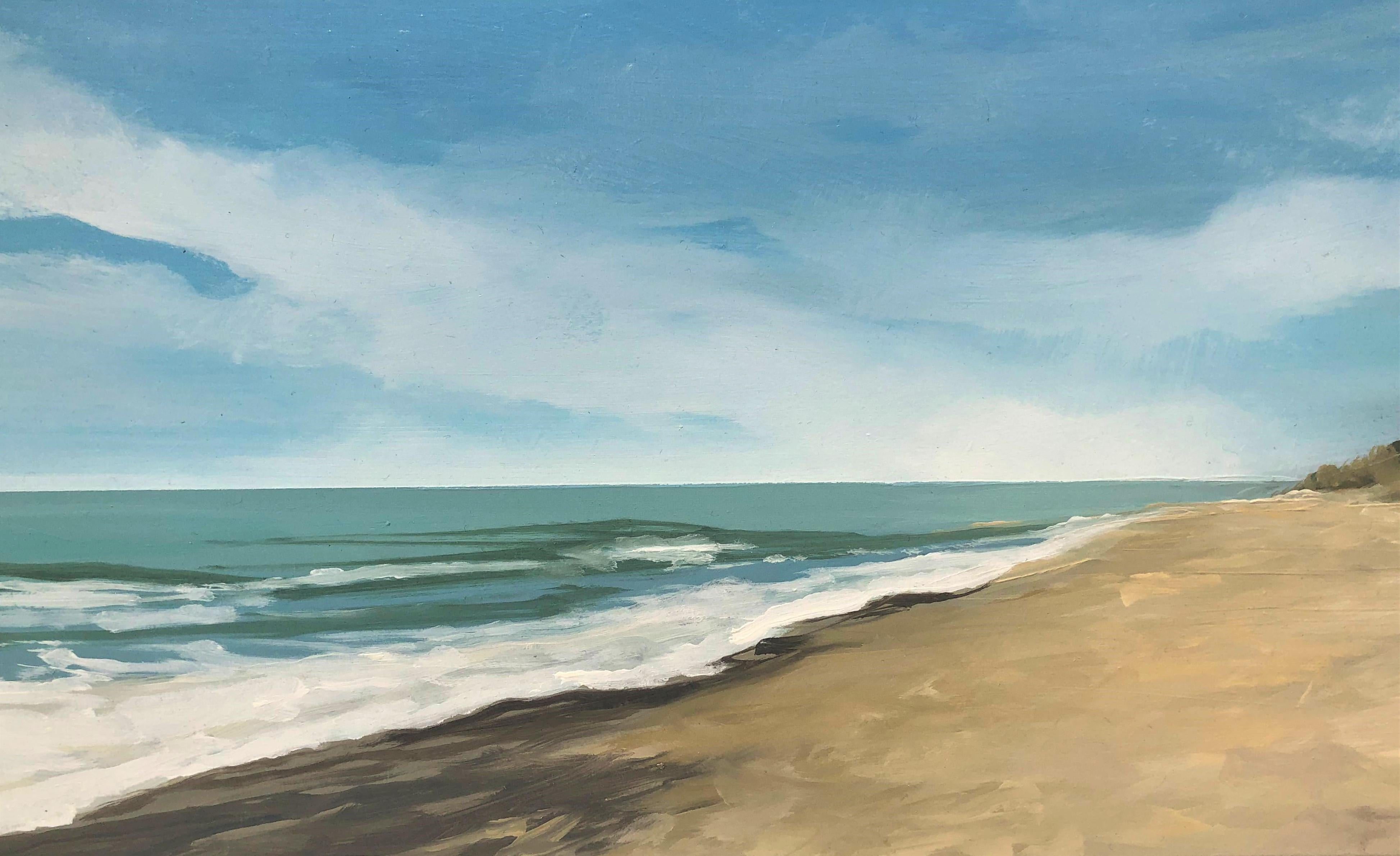 Beach with dunes oil paint on board seascape - Gray Landscape Painting by Alberto Biesok