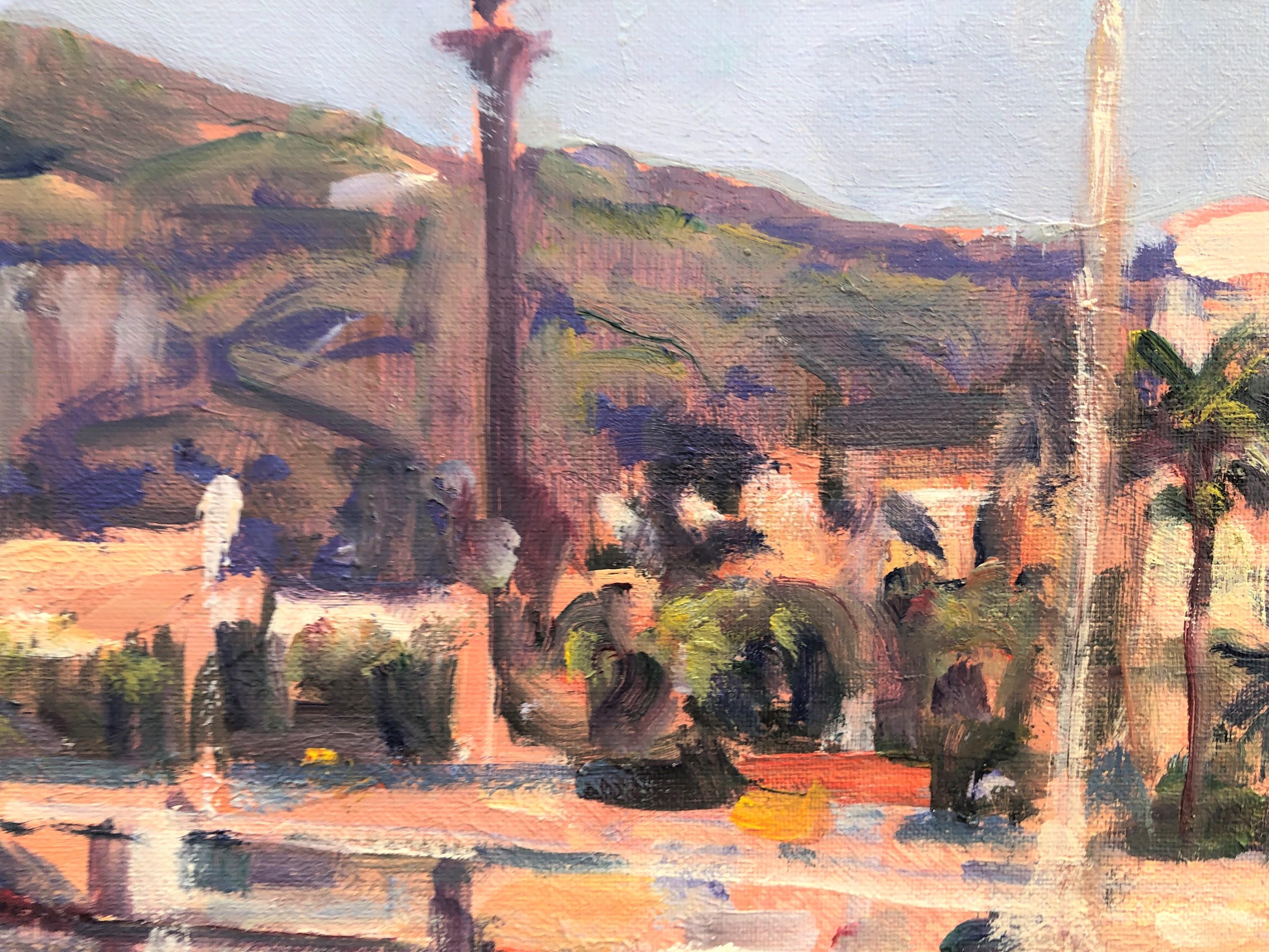 Barcelona and Columbus urbanscape original oil painting - Post-Impressionist Painting by Rafael Duran Benet