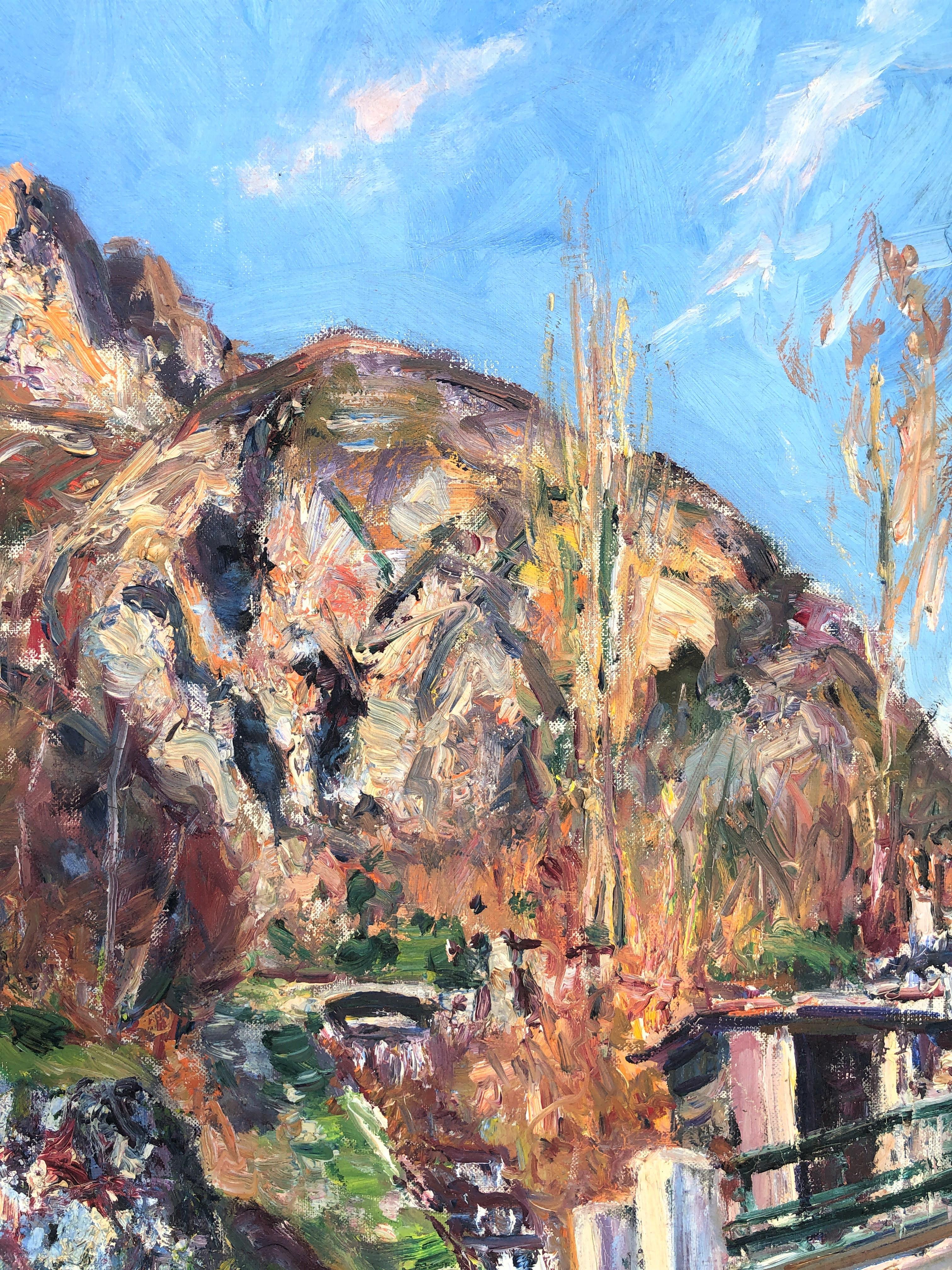 Panticosa Bridge Spain landscape oil on canvas painting - Gray Landscape Painting by Simon Busom