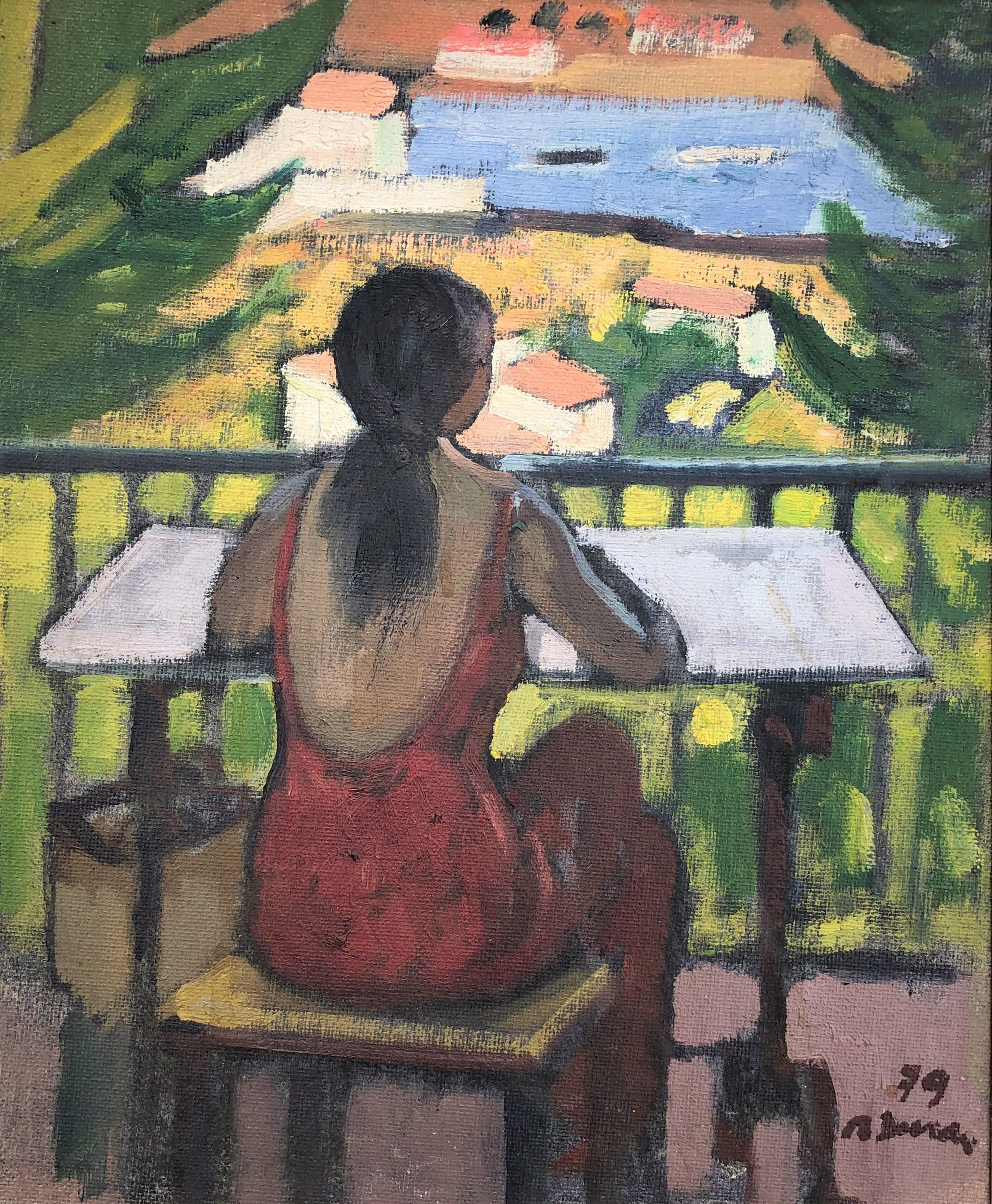 Rafael Duran Benet Portrait Painting - Woman on the balcony, Cadaques Spain seascape oil painting
