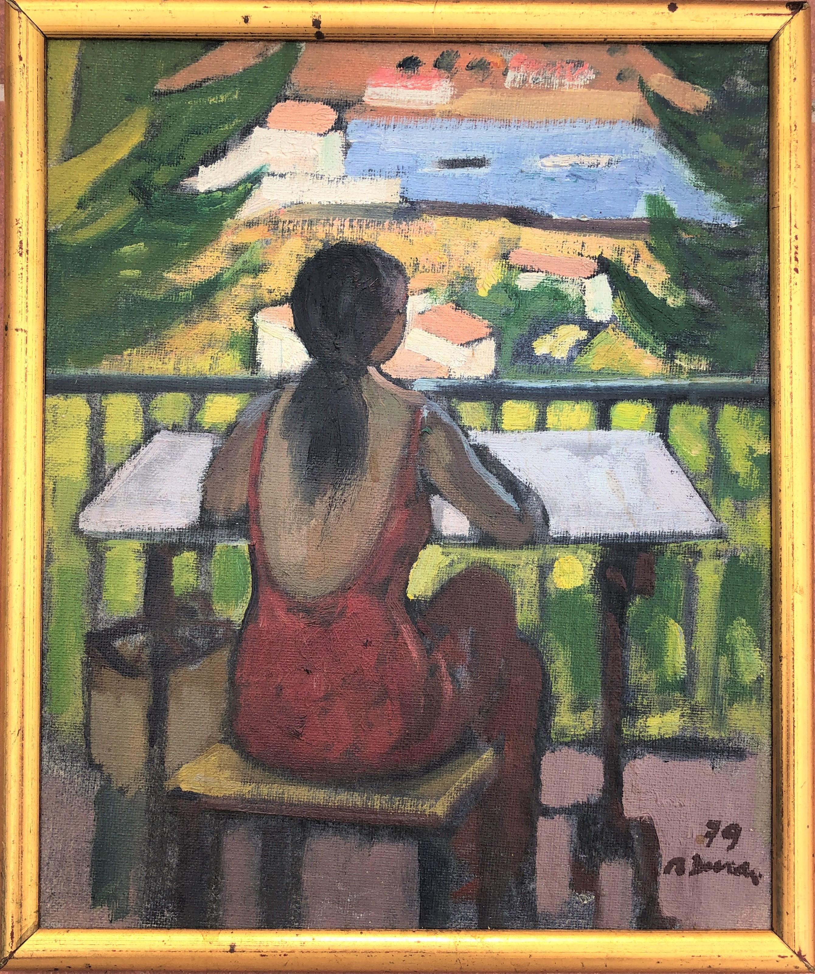 Woman on the balcony, Cadaques Spain seascape oil painting - Painting by Rafael Duran Benet