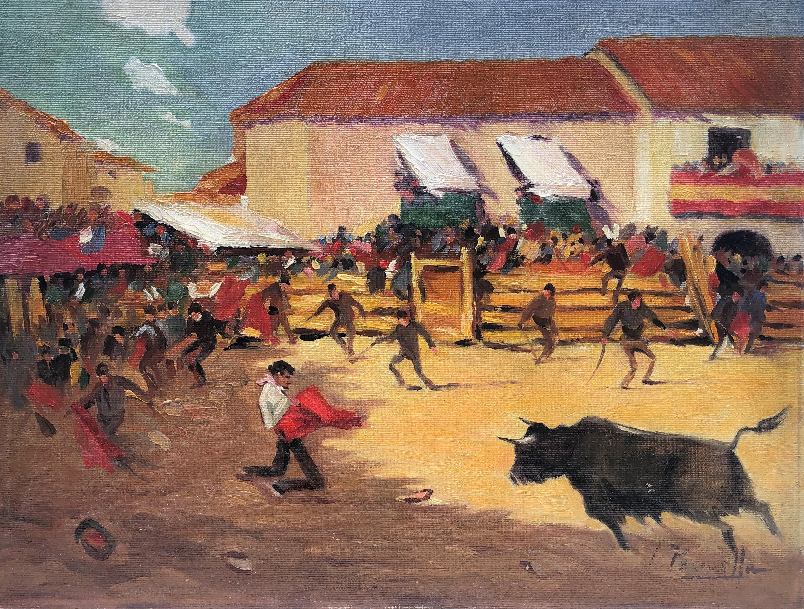 Joaquin Terruella Matilla Landscape Painting - Joaquin Terruella bullfighting scene spanish village oil painting