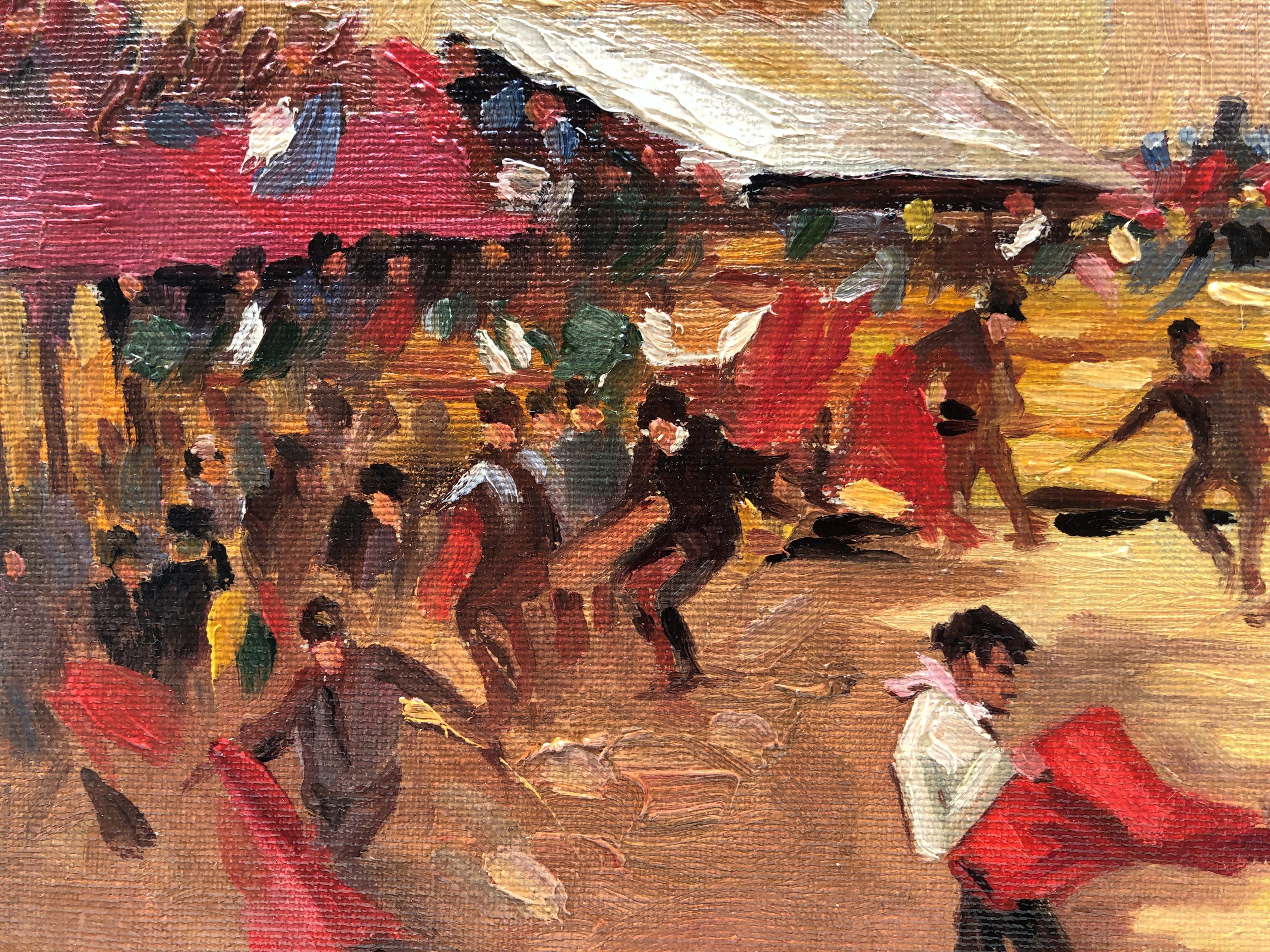 Joaquin Terruella bullfighting scene spanish village oil painting - Impressionist Painting by Joaquin Terruella Matilla