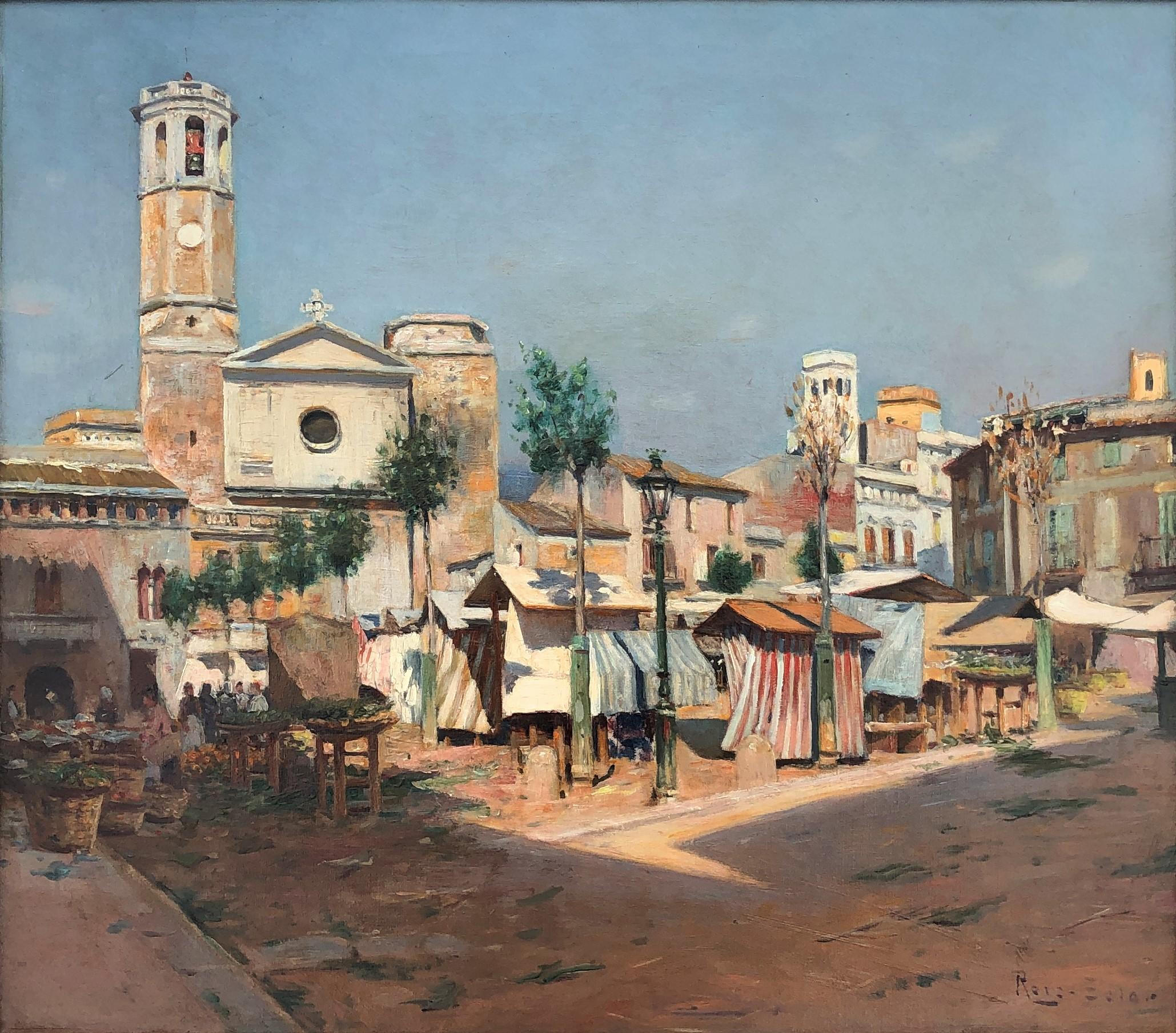 Juan Roig y Soler Landscape Painting – Markttag Spanien Original Öl auf Leinwand xix Jahrhundert 