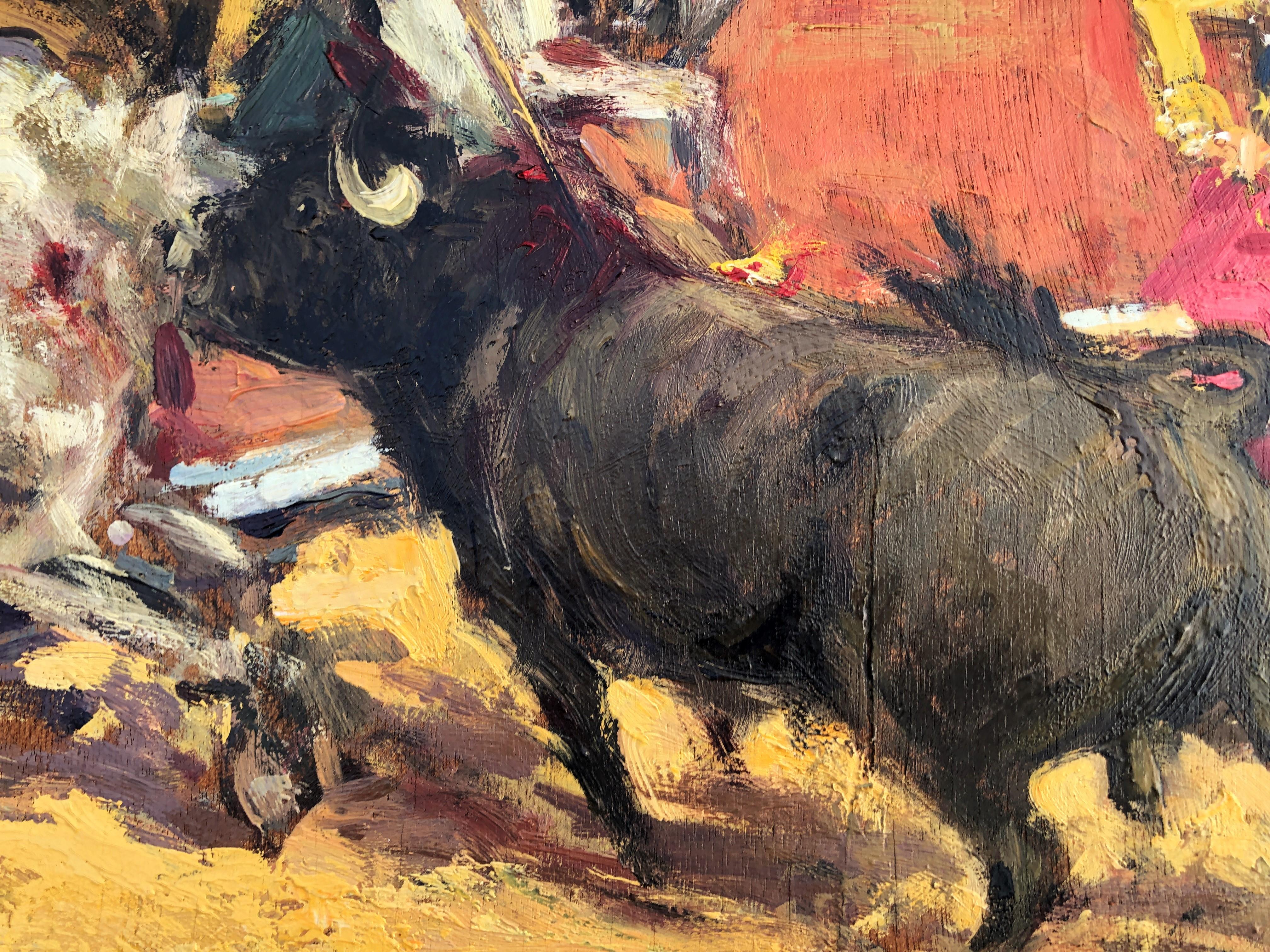 Joaquin Terruella bullfighting scene oil painting - Brown Animal Painting by Joaquin Terruella Matilla