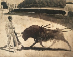 Aquarelle d'origine Lavage à l'encre Bullfighting - Espagnole