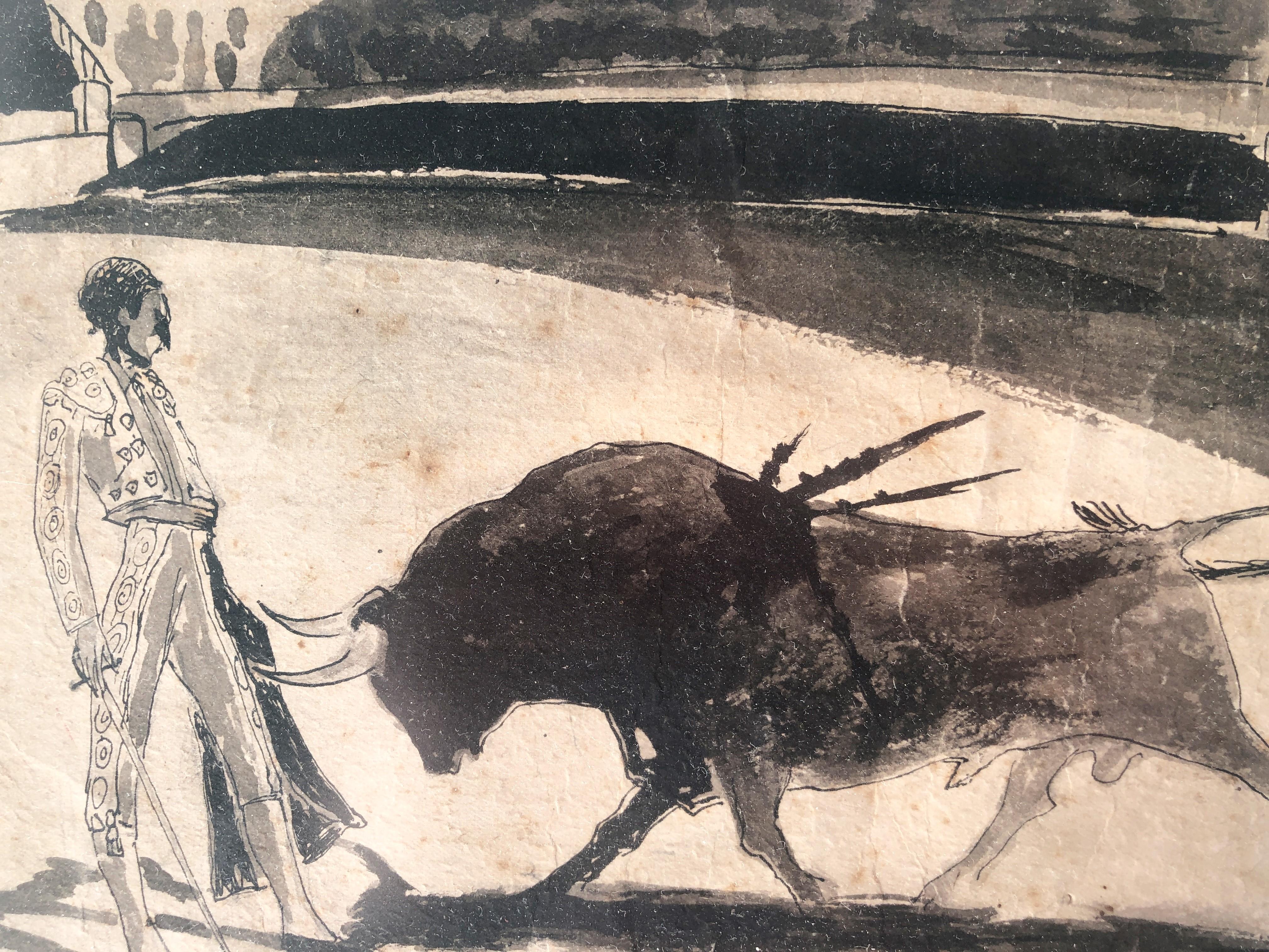 Bullfighting original ink wash watercolor Spanish - Black Animal Art by Augustin Ubeda