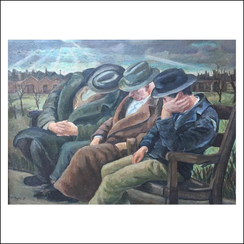 THREE MEN ON A BENCH Chicago WPA Figurative Urban Depression Era American Scene - Painting by Carl Nyquist