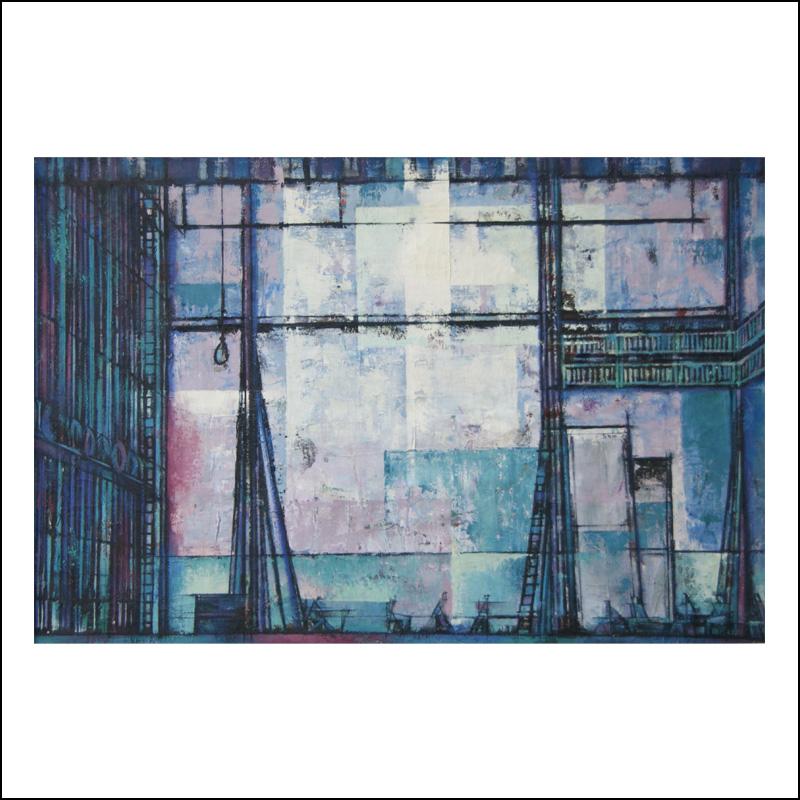 Interior Painting Sam Norkin - « Backstage, Ambassador », Broadway Theatre NYC, pièce cubiste moderniste du milieu du siècle dernier