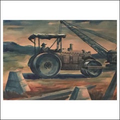 "Road Compactor" Rural, Industrial, Men Working, American Scene WPA Watercolor