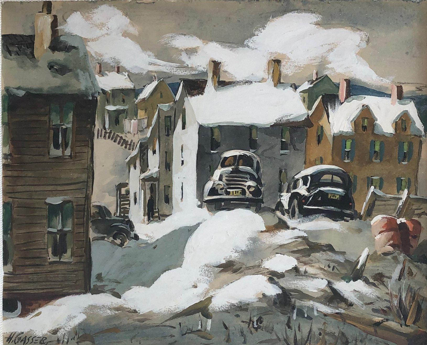 Henry Martin Gasser Landscape Art - Snowy Winter Cityscape, Antique Car Parking Painting, Newark, New Jersey, WPA