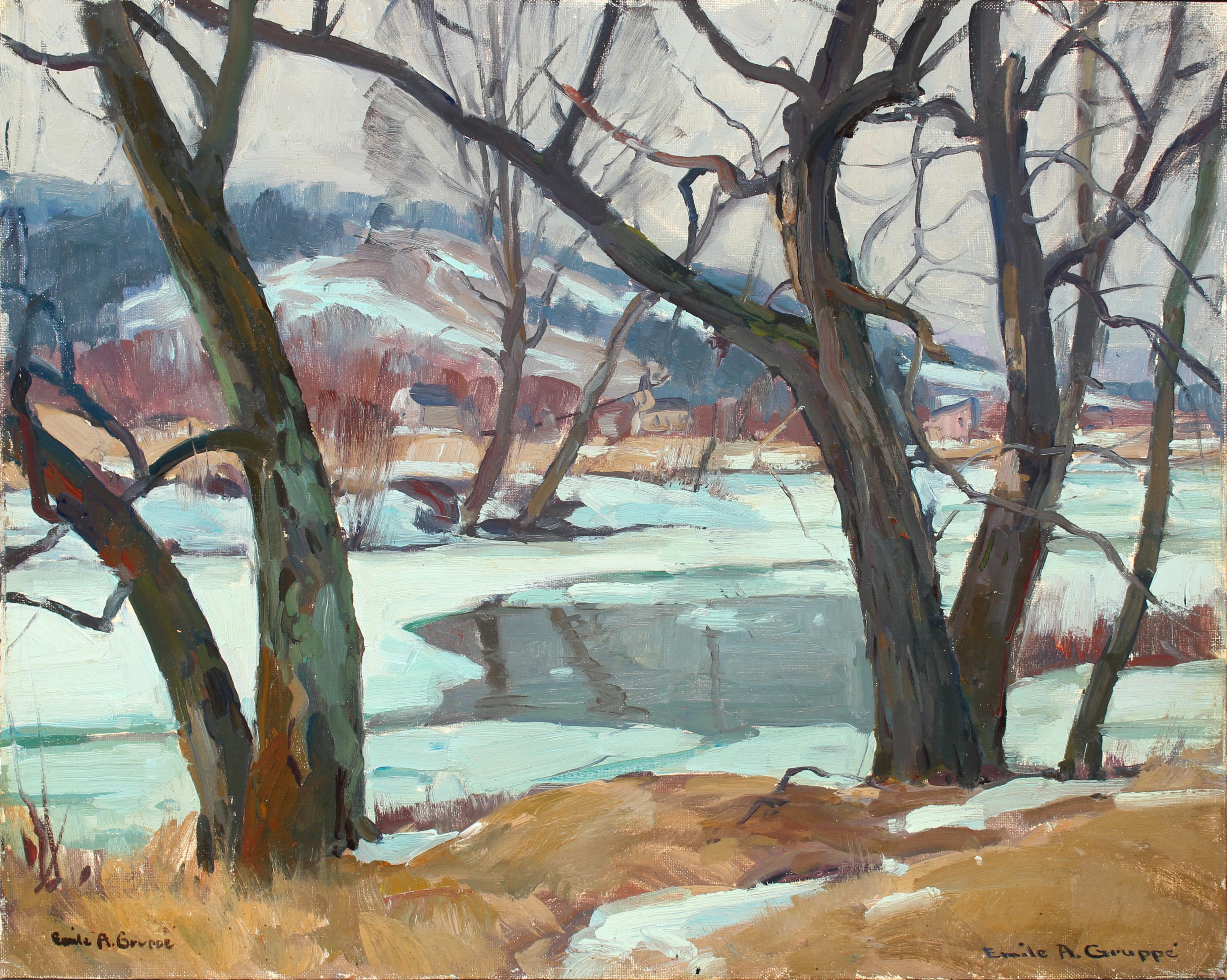 Emile Gruppe Landscape Painting - "Winter, Vermont, " Snowy Impressionist River, Rustic New England Landscape View