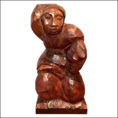 KNEELING WOMAN modern mid-century modernist WPA carved wood sculpture