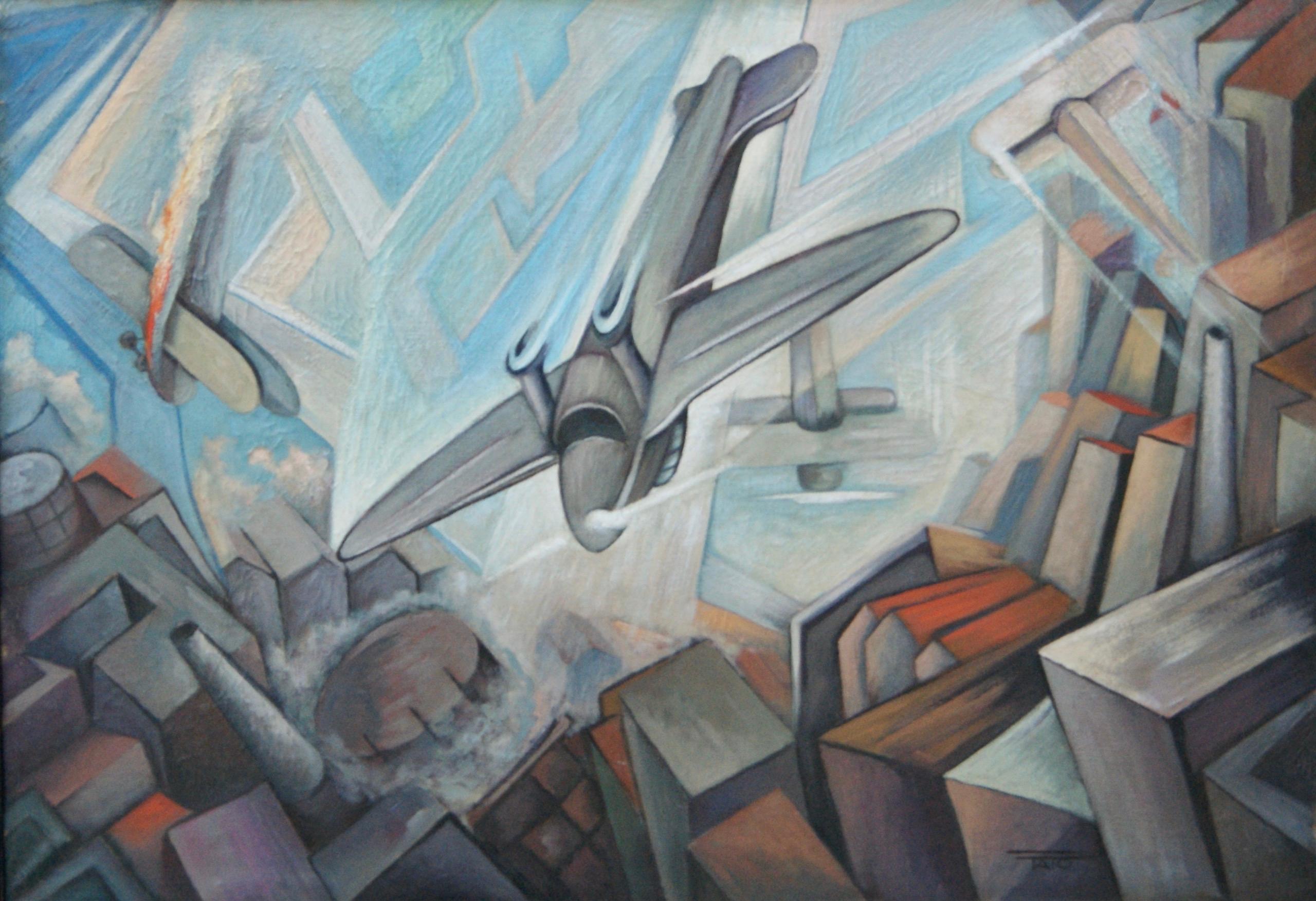 Guglielmo Tato Sansoni Landscape Painting - "Airplanes Dive Over Enemy Skies" Italian Futurism Futurist Transportation Plane