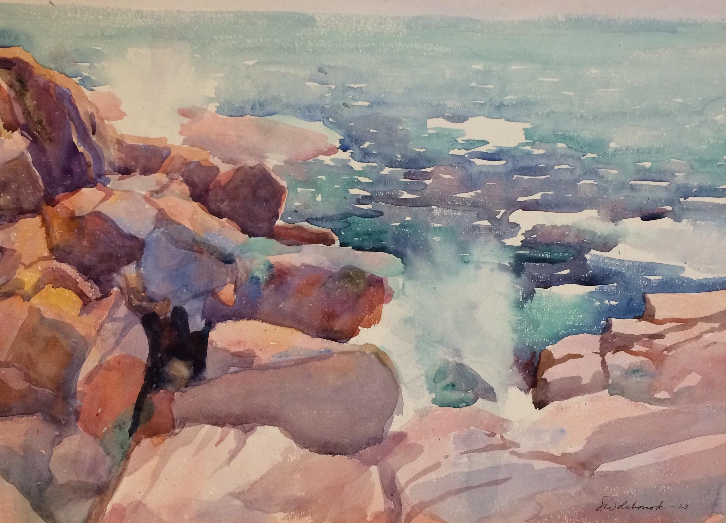 Louis Wolchonok Landscape Art - "Bass Rocks, Gloucester, Massachusetts" Watercolor Bright Seascape