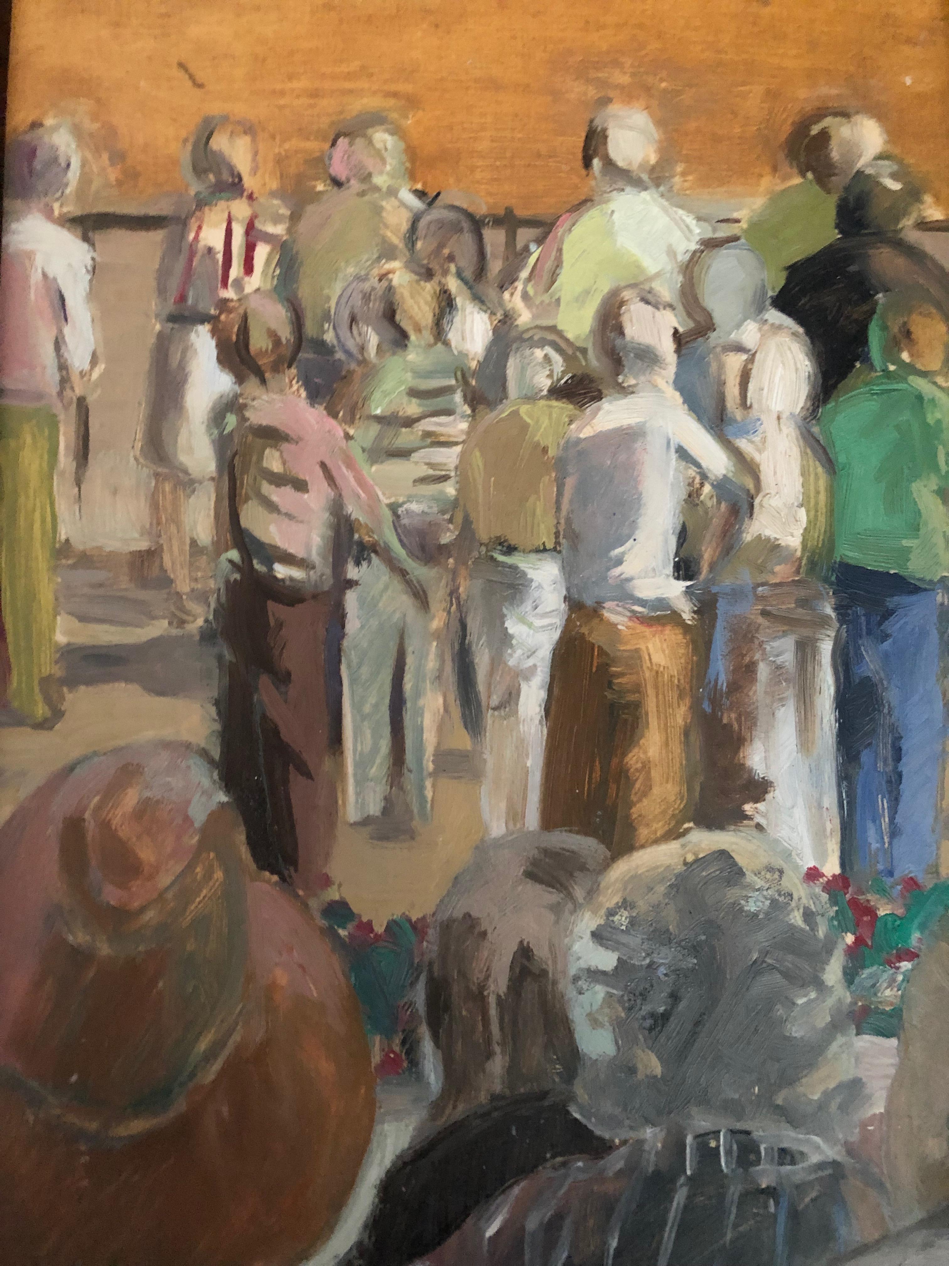 Anne Diggory Figurative Painting - From the Grandstand - View of Racetrack and Crowd, Saratoga Springs, New York