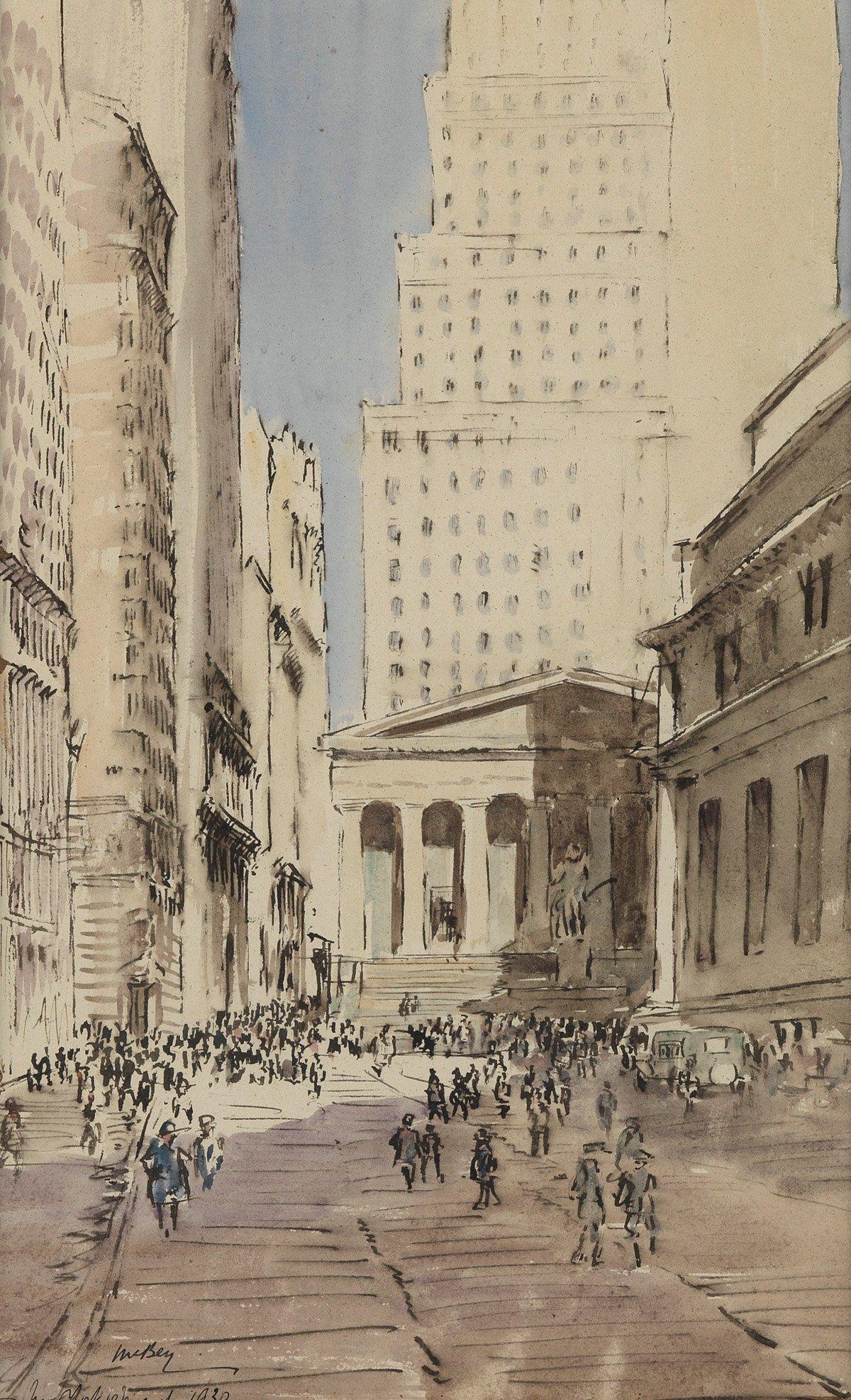 James McBey. Landscape Art - "Sub-Treasury Building, Wall Street, New York, " Cityscape Scene, Lower Manhattan