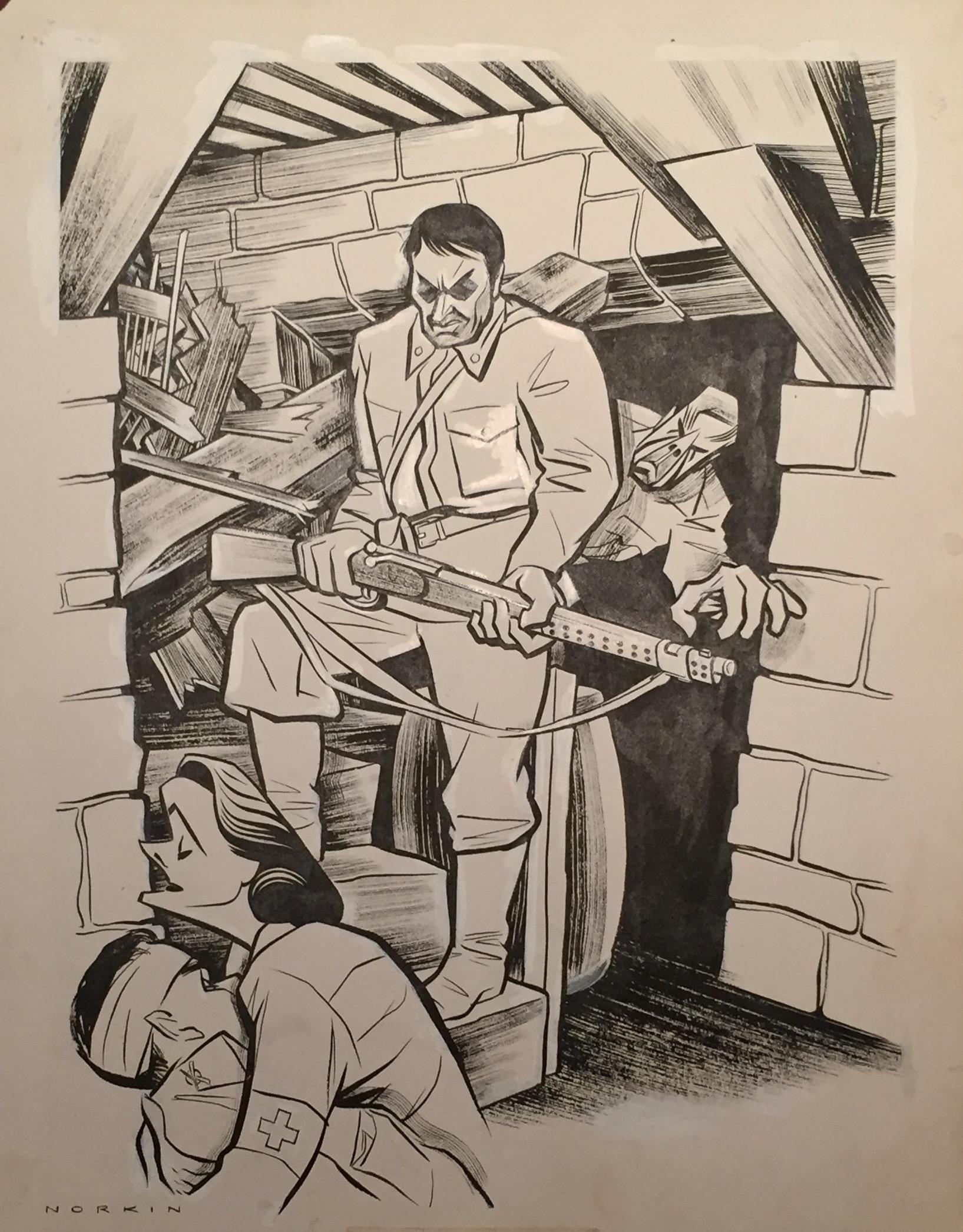 Sam Norkin  Figurative Art – Morris Carnovsky „ „Counterattack““ 1943 Broadway-Spieltheater-Karikaturzeichnung