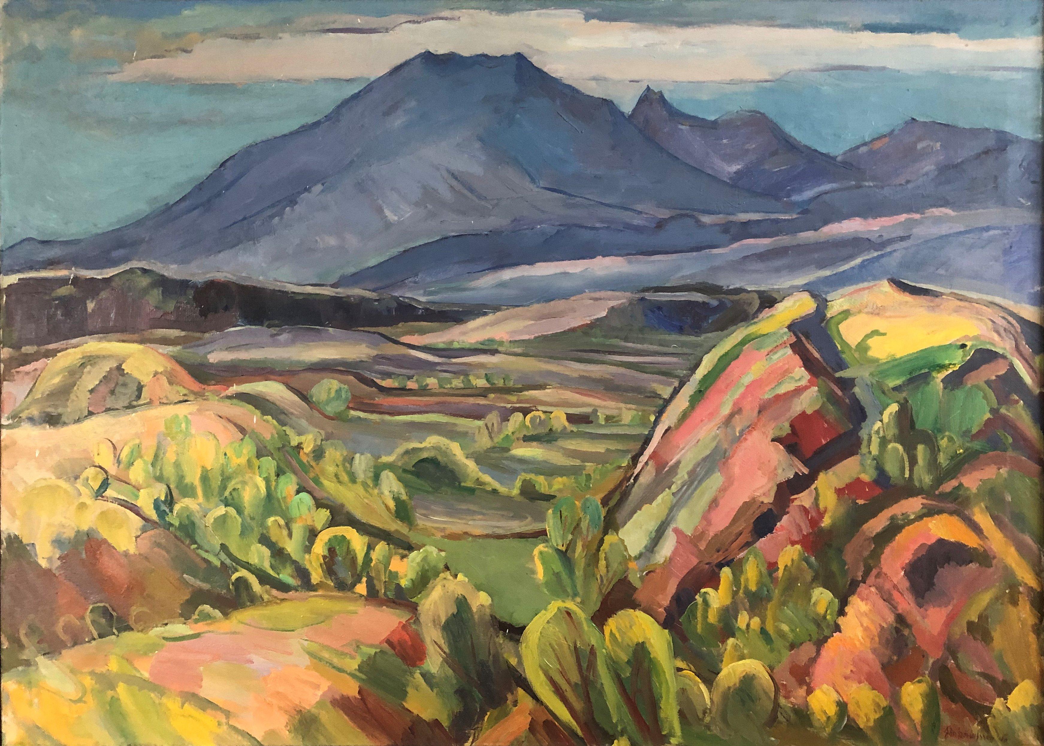 Jon Thorleifsson Landscape Painting - "Icelandic Mountain Landscape, " Modernist Post-Impressionist Cubist Fauvist View