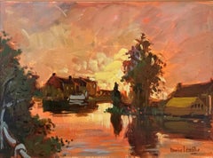 French Impressionist, River Landscape at Sunset with Pink and Orange Sky