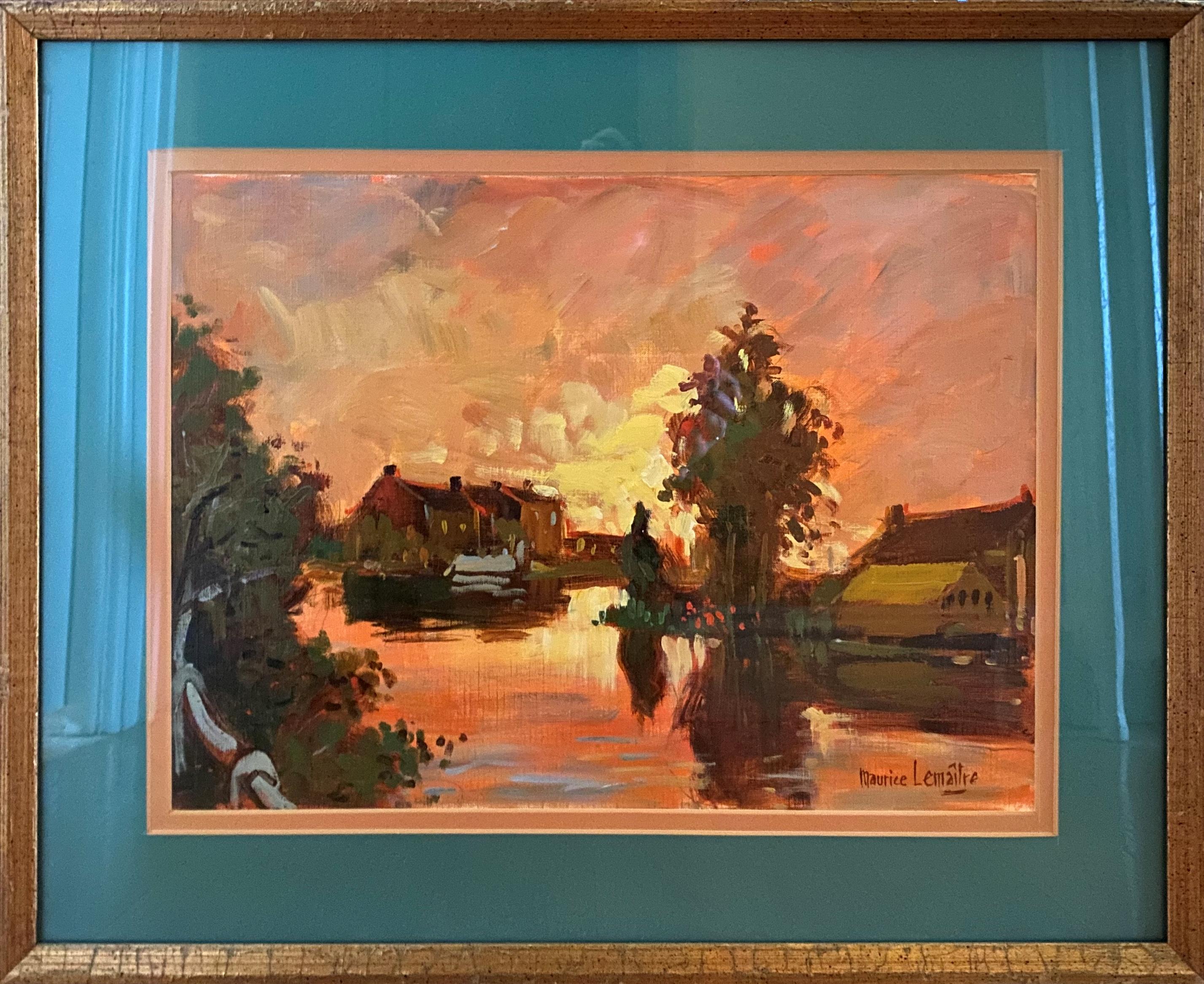French Impressionist, River Landscape at Sunset with Pink and Orange Sky - Painting by Maurice Lemaitre