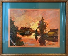 French Impressionist, River Landscape at Sunset with Pink and Orange Sky