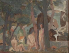 Modernist Forest Landscape Scene with Nude Figures, George F. Of, American