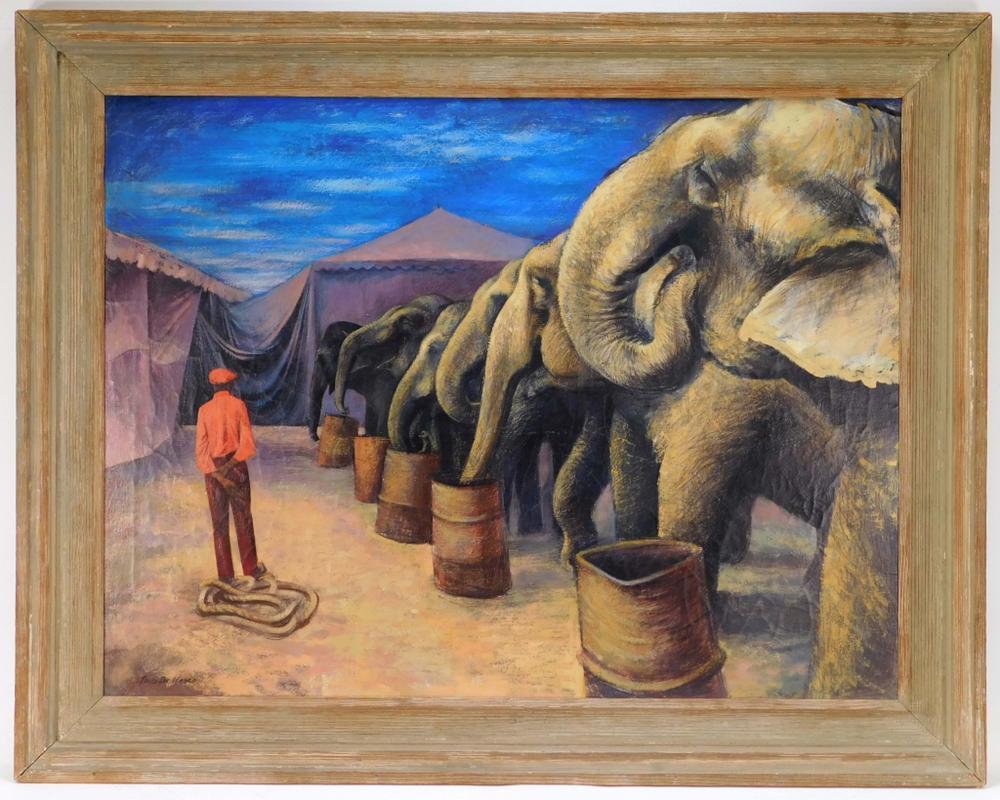 Éléphants de cirque Modernisme américain WPA Regionalism Mid-Century Modern Oil - Marron Landscape Painting par Marco de Marco