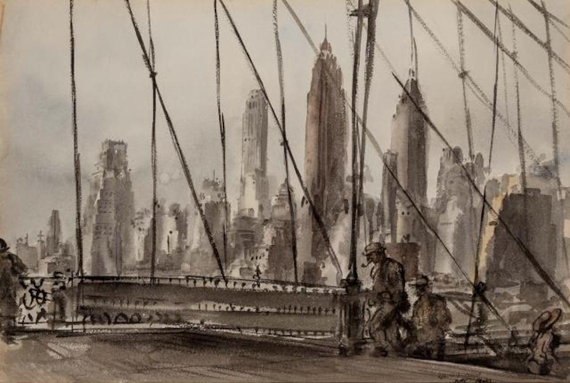 Reginald Marsh "Ponte di Brooklyn" NYC Modernismo WPA Mid-Century Acquerello moderno